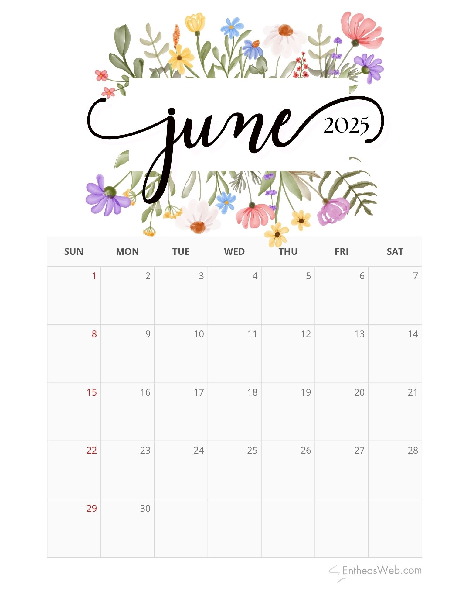 Calendar June 2025 Printable Free