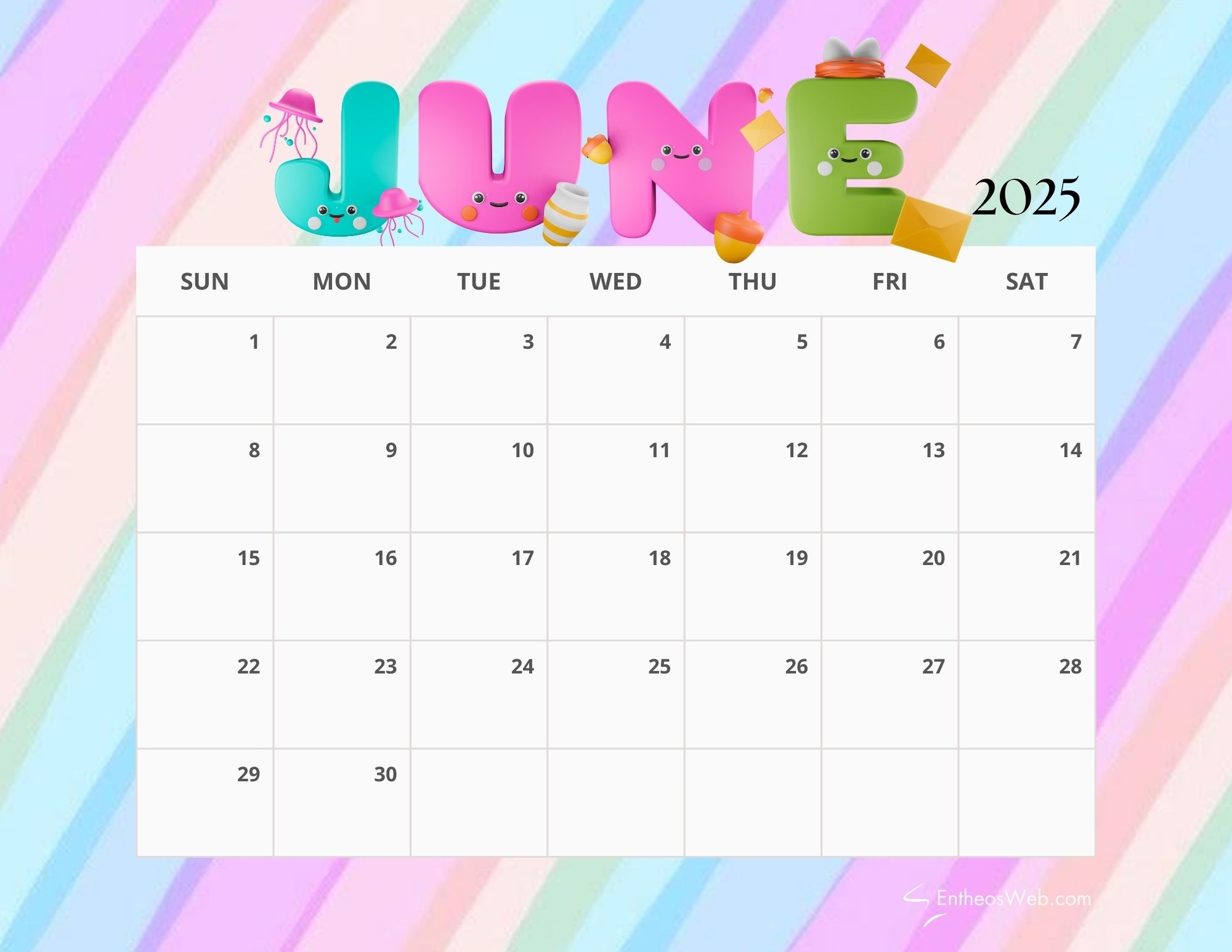 Cute June 2025 Calendar Printable