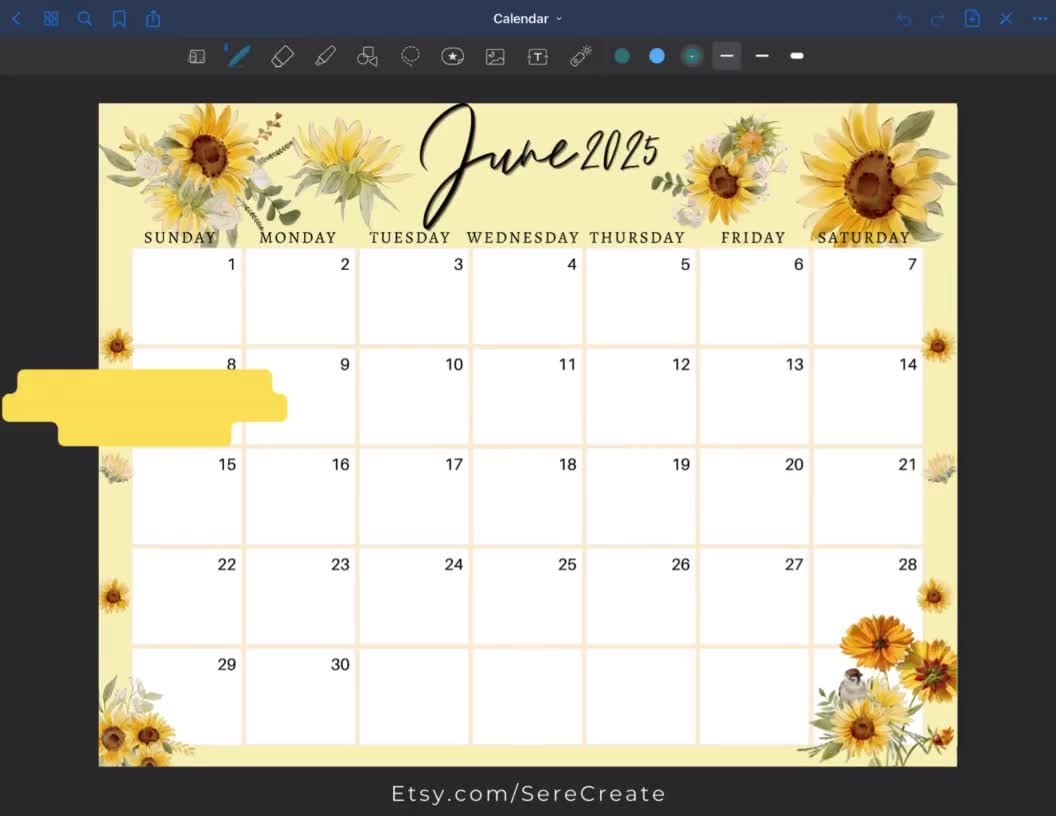 June 2025 Digital Calendar Yellow Sunflowers Planner Editable 