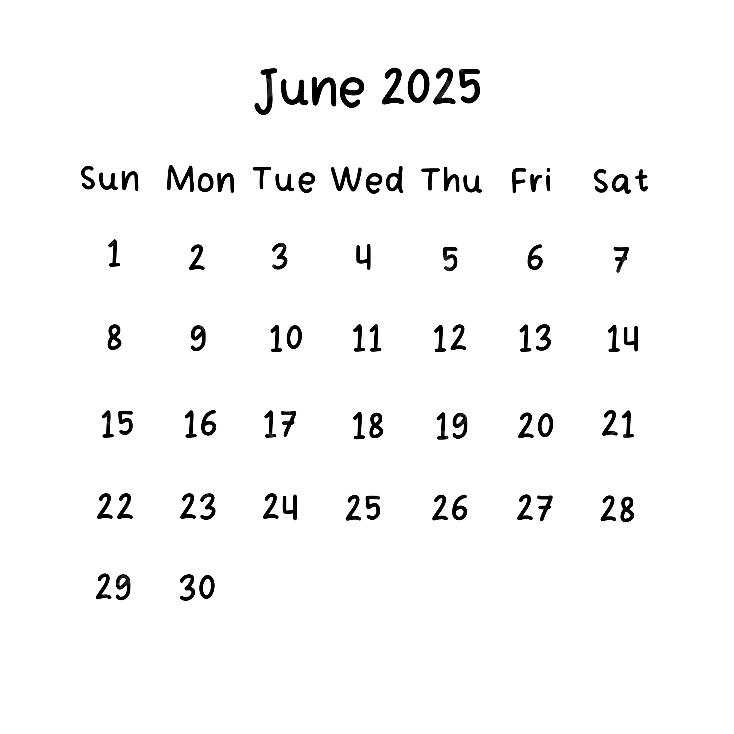 June 2025 Plain Calendar In Black Color 2025 June Calendar PNG 