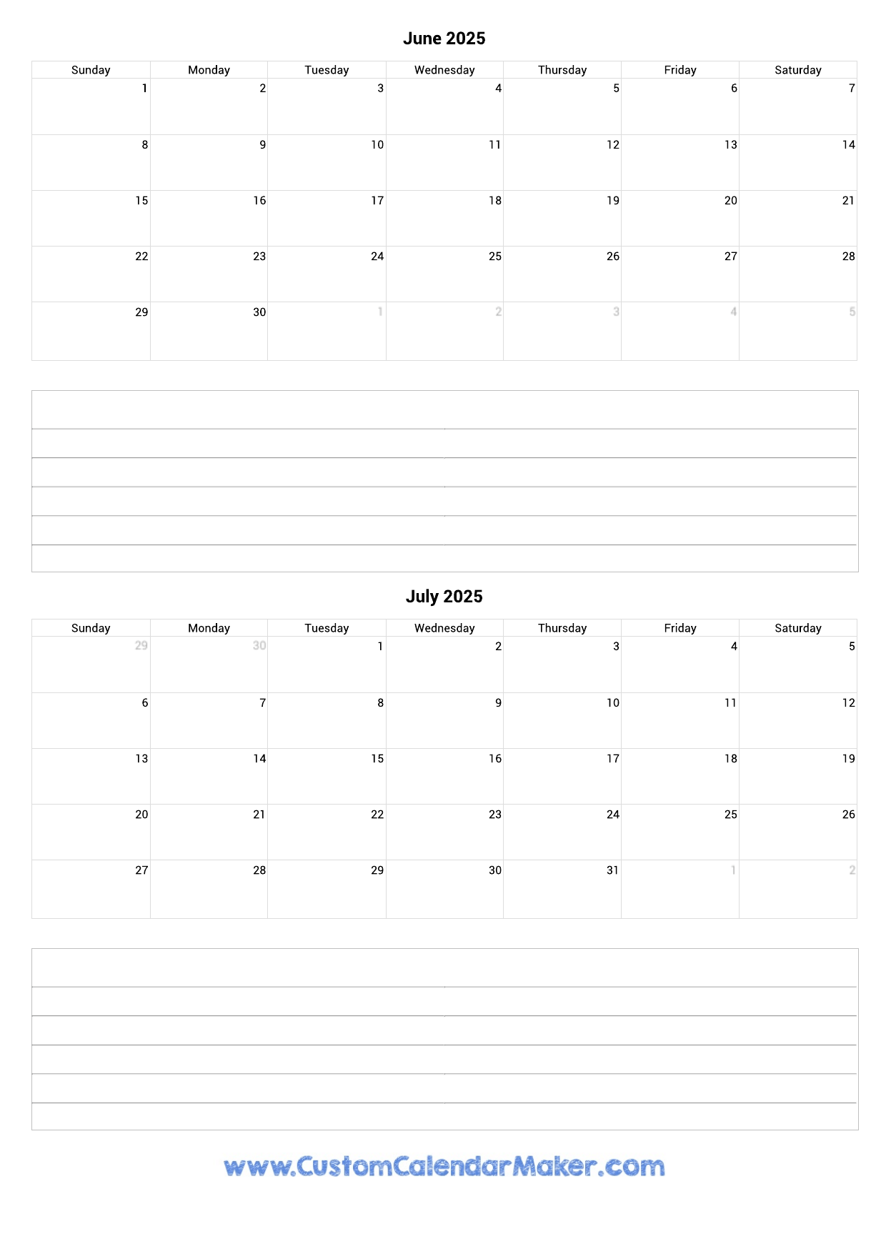 June And July 2025 Calendar
