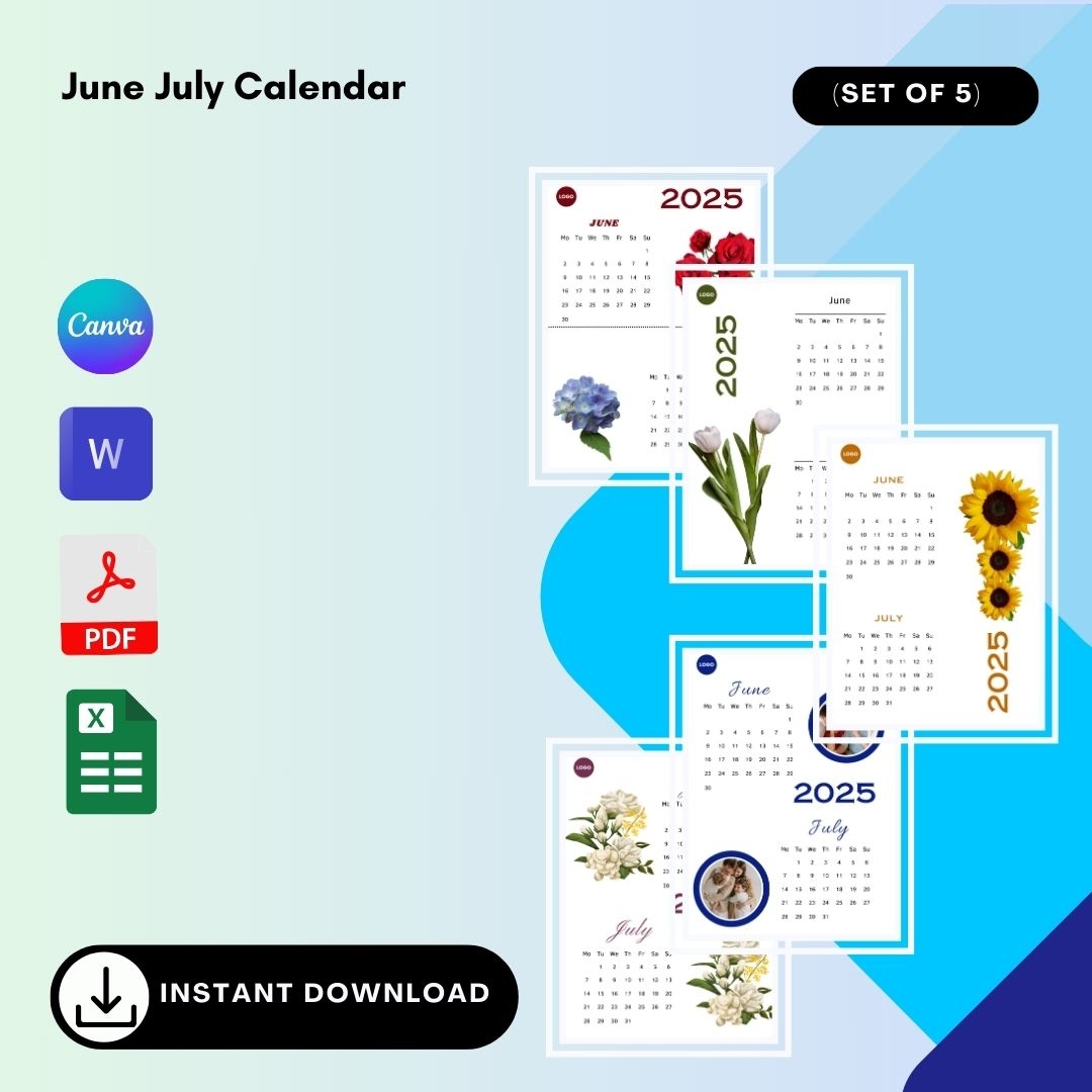 June July 2025 Calendar Printable Template PDF Word Excel