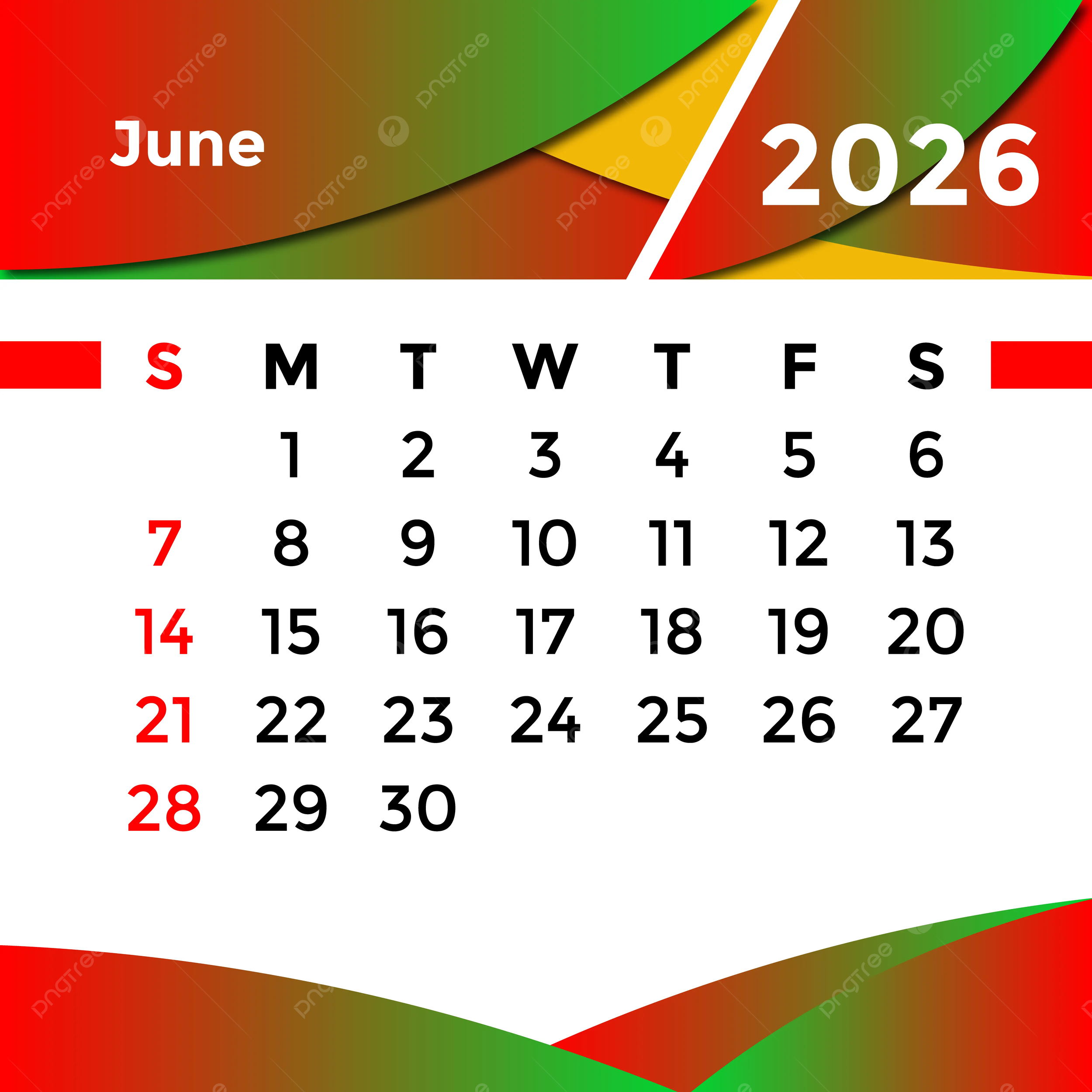 June Month Calendar 2026 Vector Template Download On Pngtree