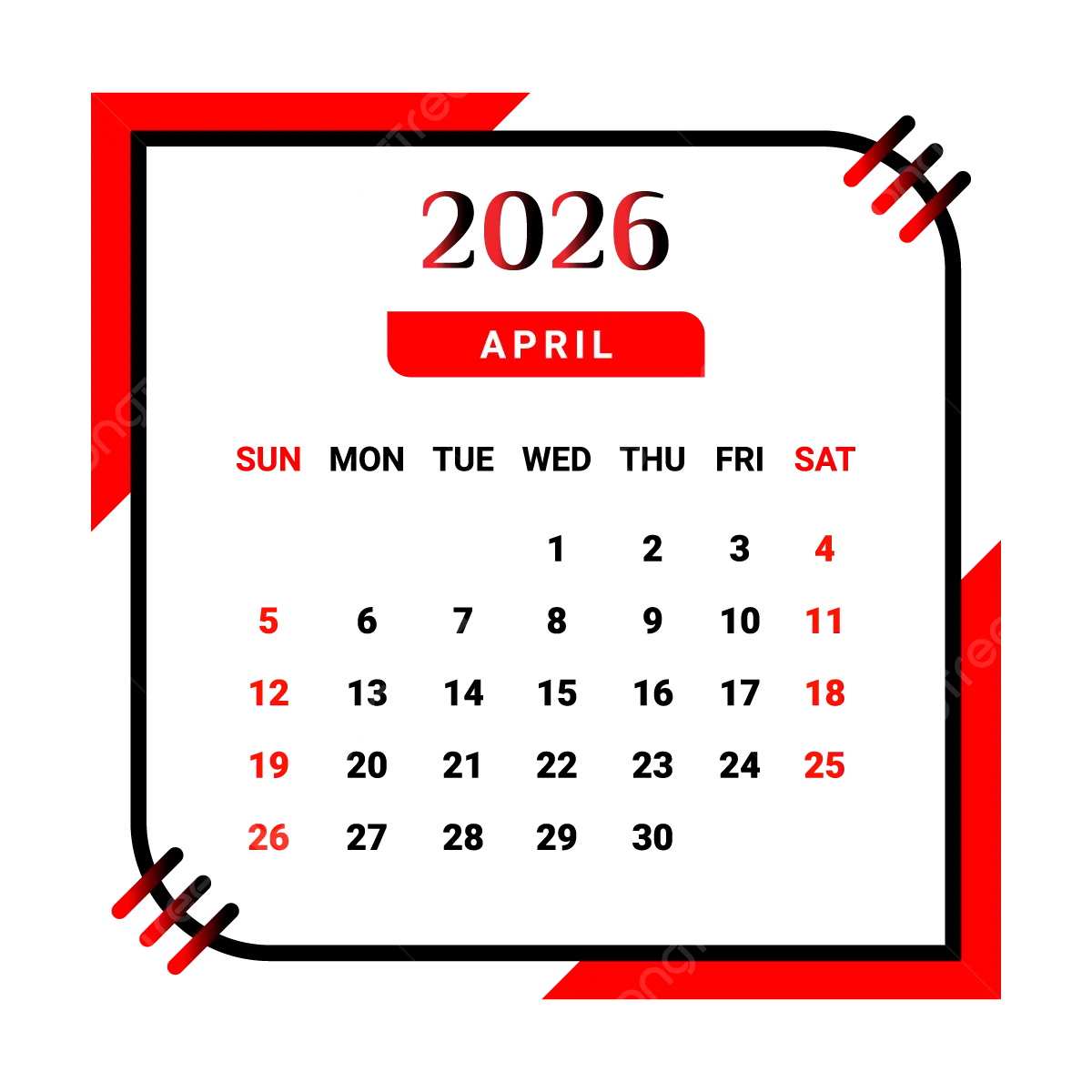 Kalender Bulan April 2026 Dengan Warna Hitam Dan Merah Vektor Kalender Bulanan Kalender April 2026 PNG Dan Vektor Dengan Background Transparan Untuk Unduh Gratis