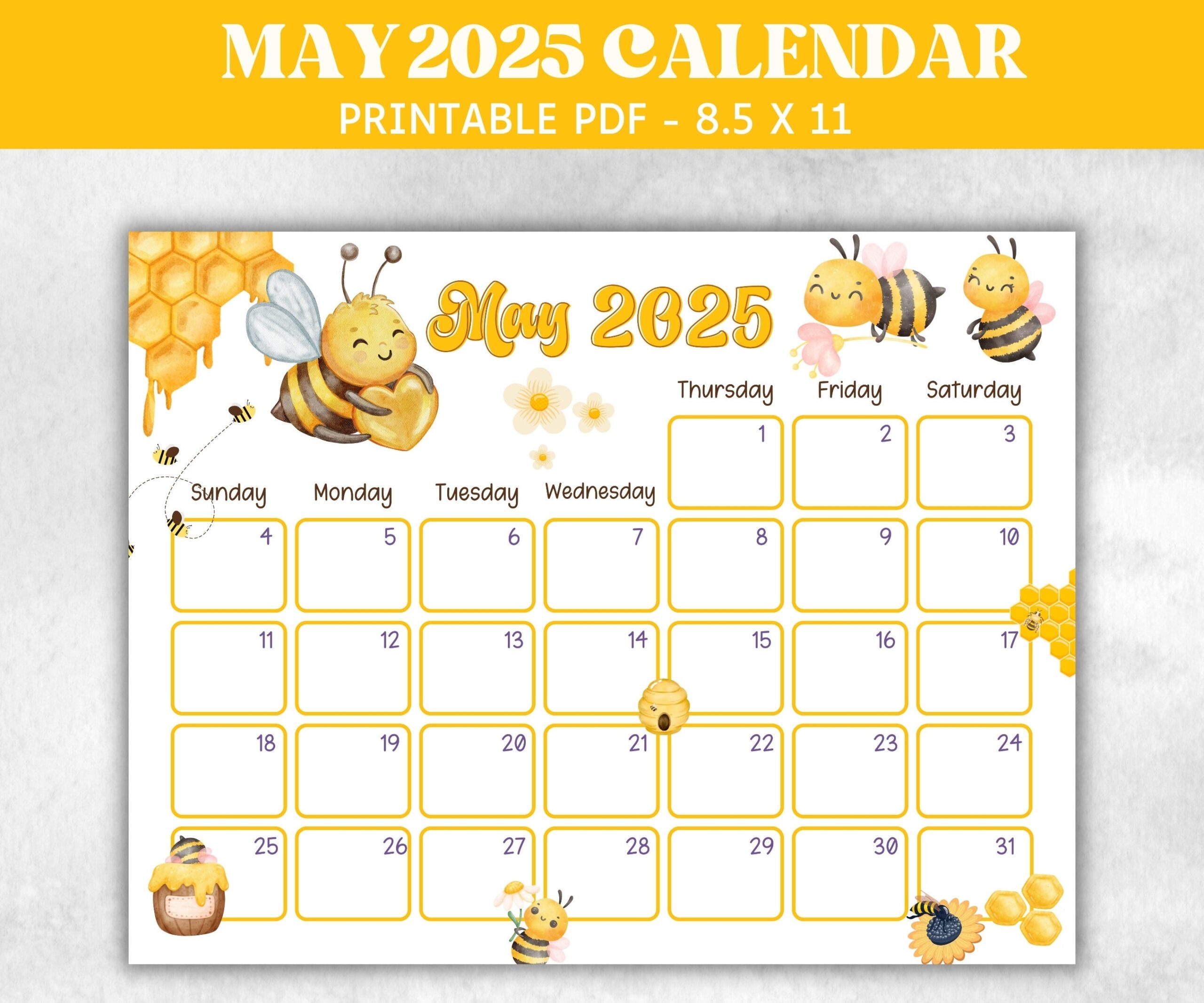 Kids May 2025 Calendar Printable 2025 Calendar Homeschool Preschool Calendar Board Childrens Monthly Planner Honey Bee Floral Calendar