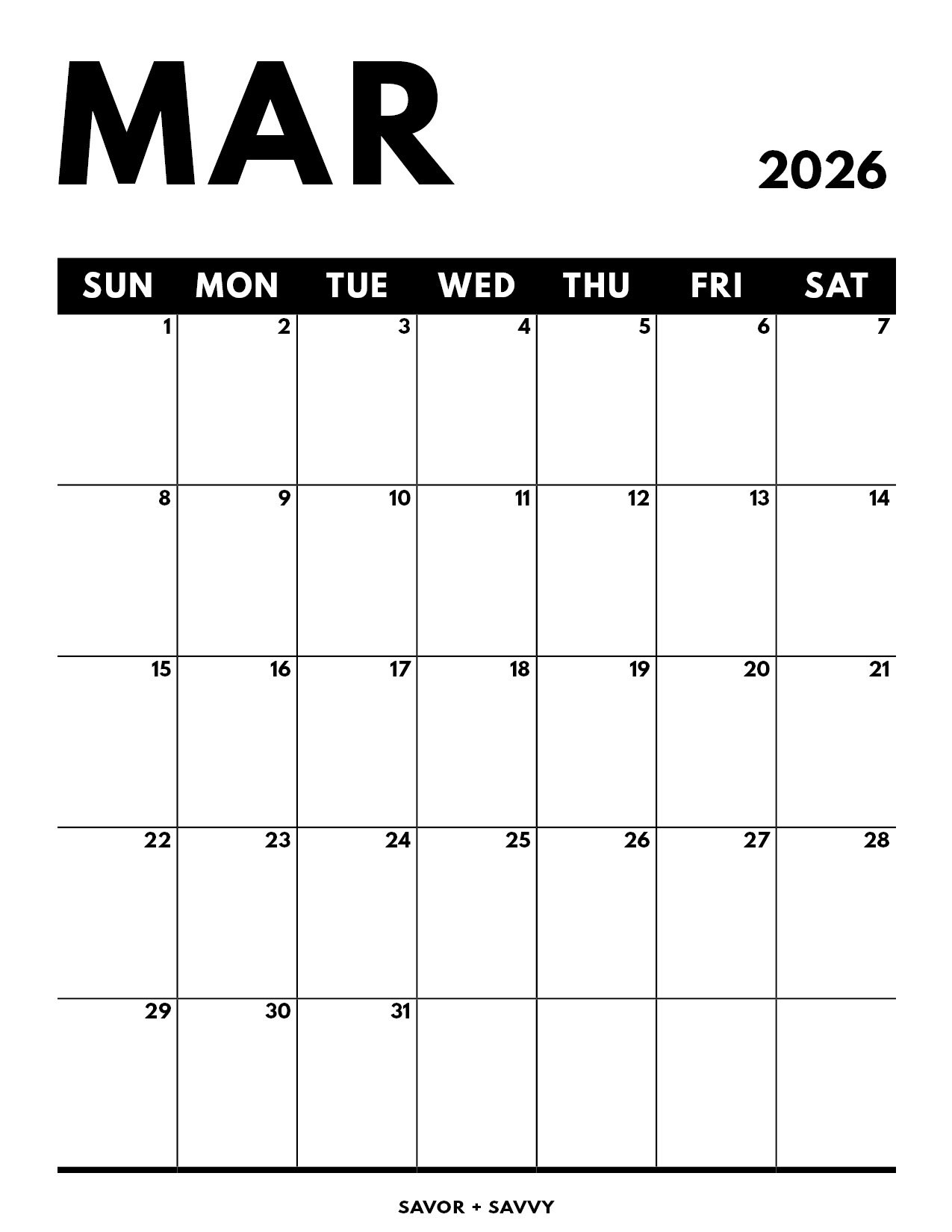 March 2026 Calendar Excel