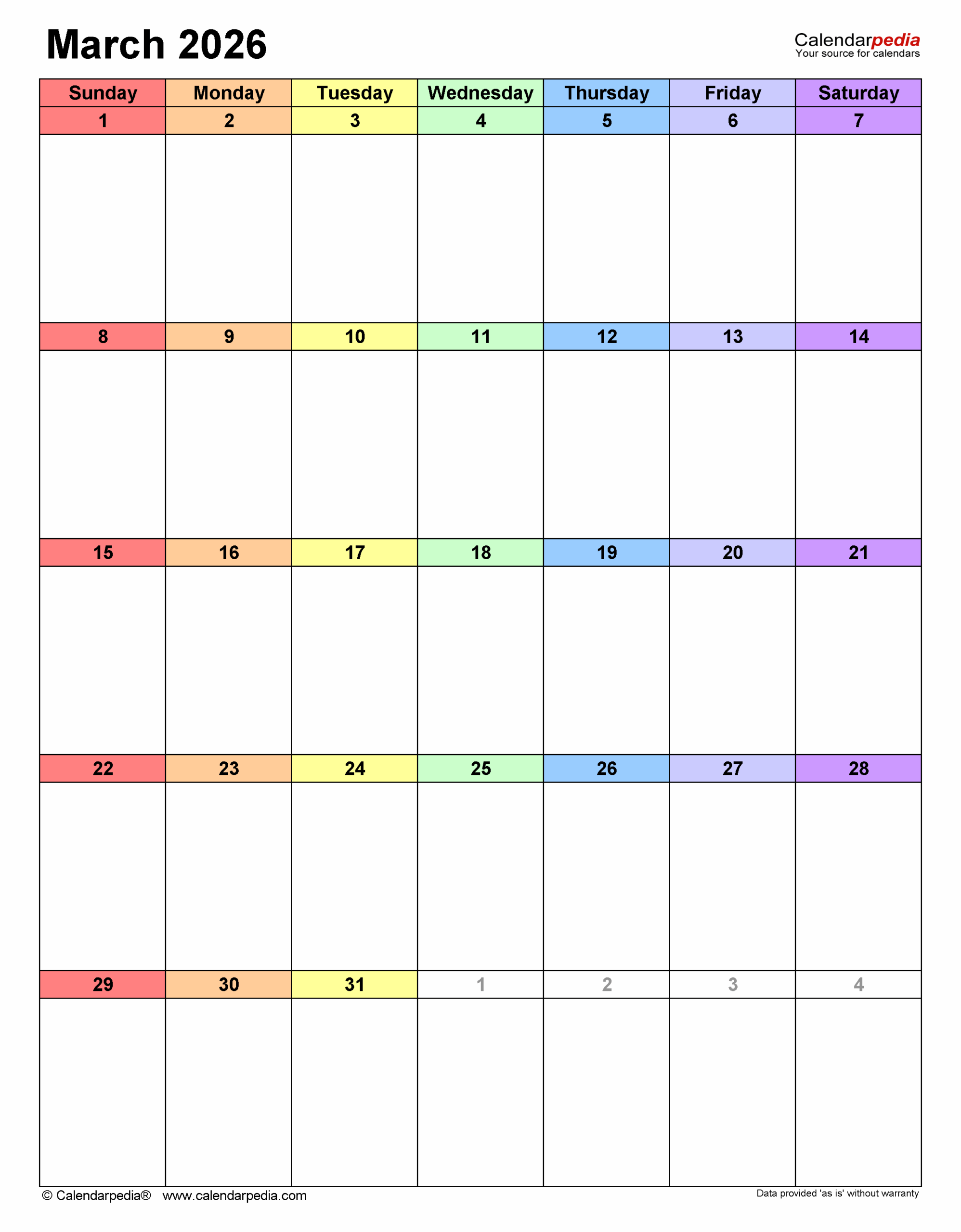 March 2026 Calendar Templates For PDF Excel And Word