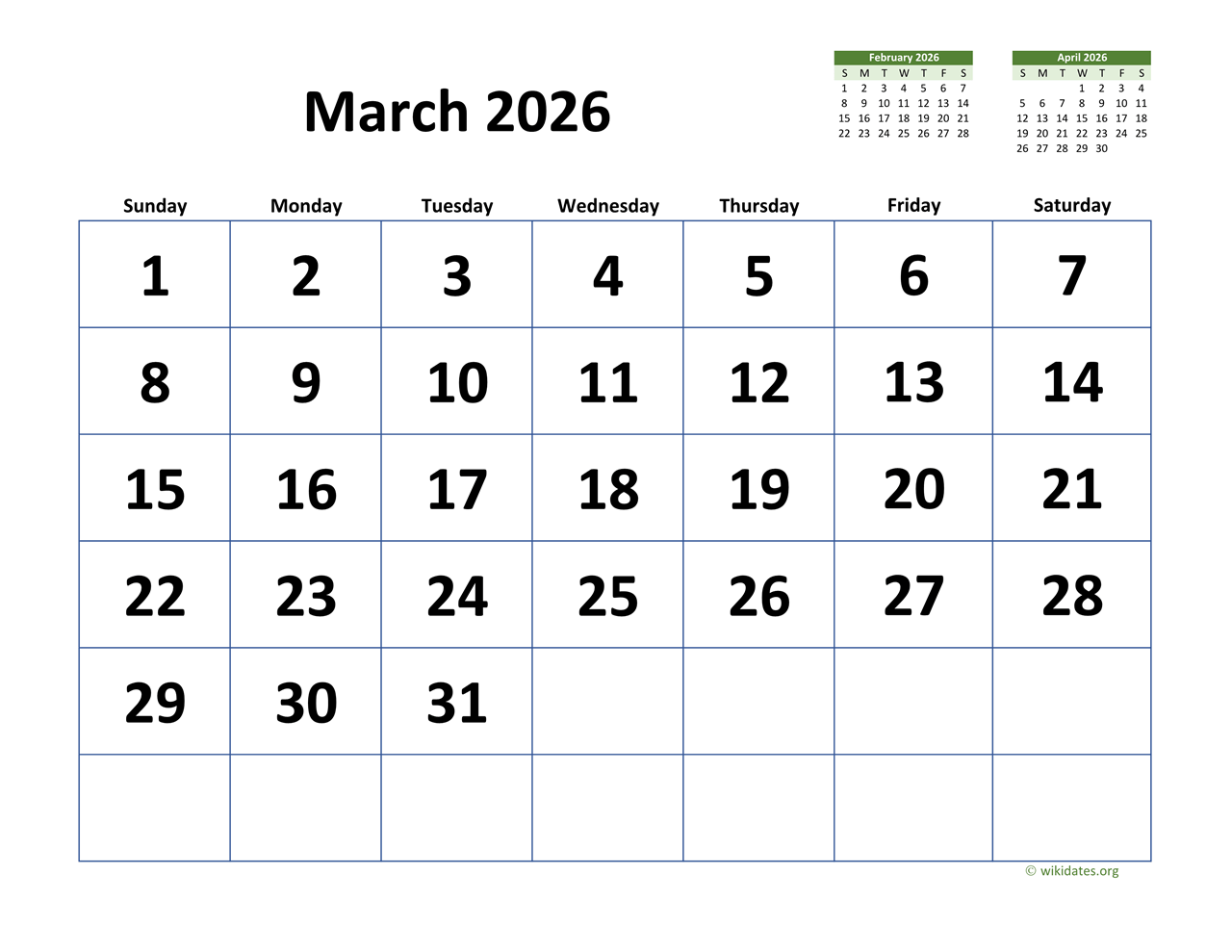 February March Calendar 2026
