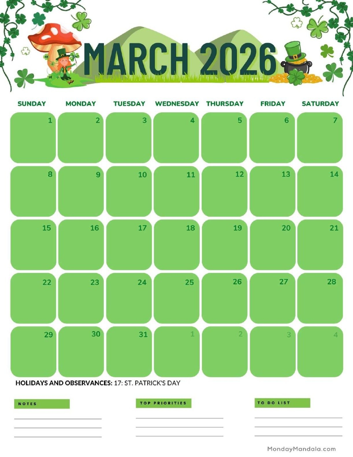 Printable Monthly Calendar March 2026