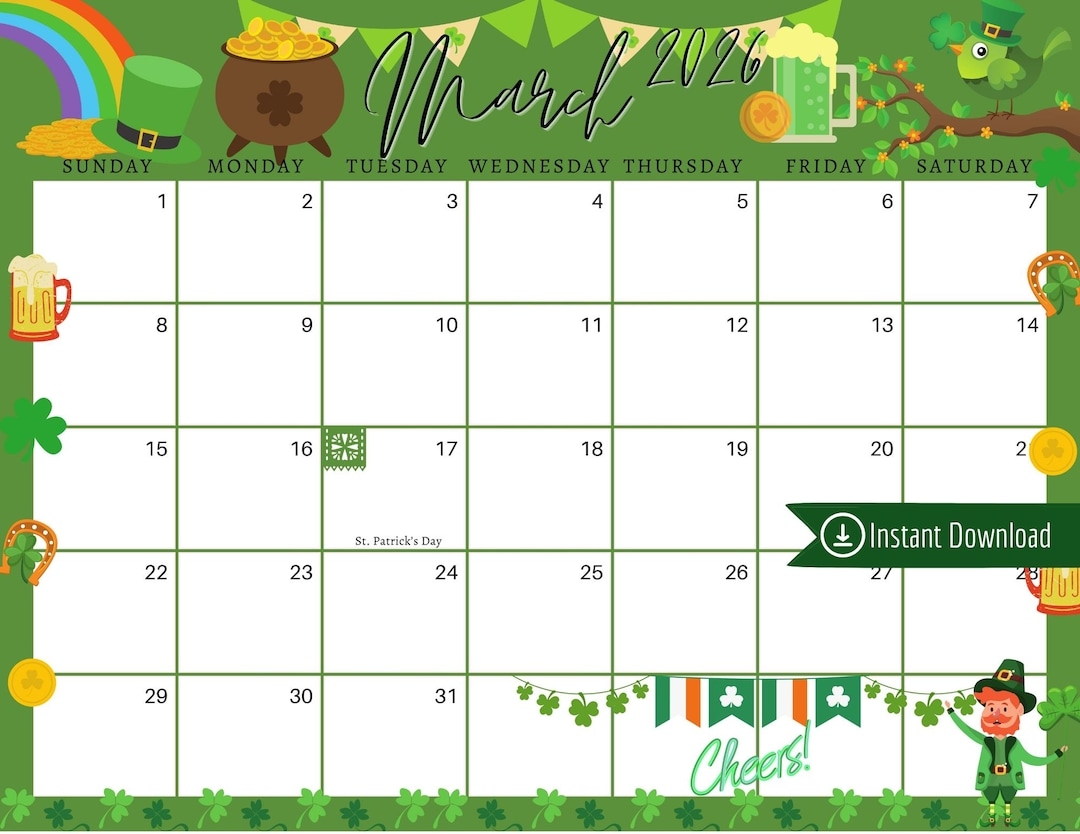 March 2026 Digital Calendar Green St Patrick s Day Planner Editable Fillable Printable Calendar For Planning PDF PNG And JPG Download Etsy