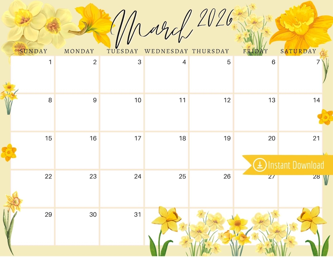 March 2026 Digital Calendar Yellow Daffodils Planner Editable Fillable Printable Calendar For Planning PDF PNG And JPG Download Etsy
