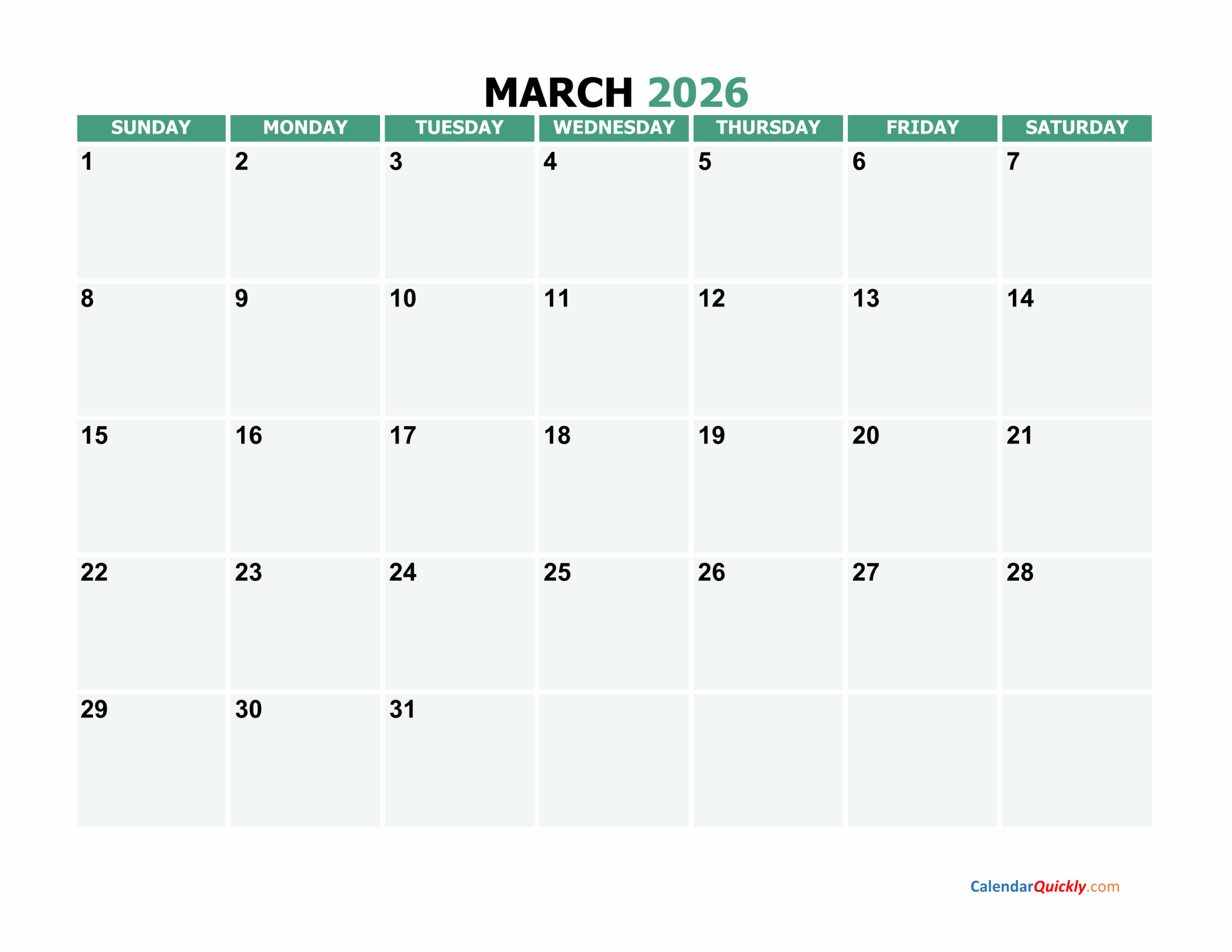 Blank Calendar Template March 2026