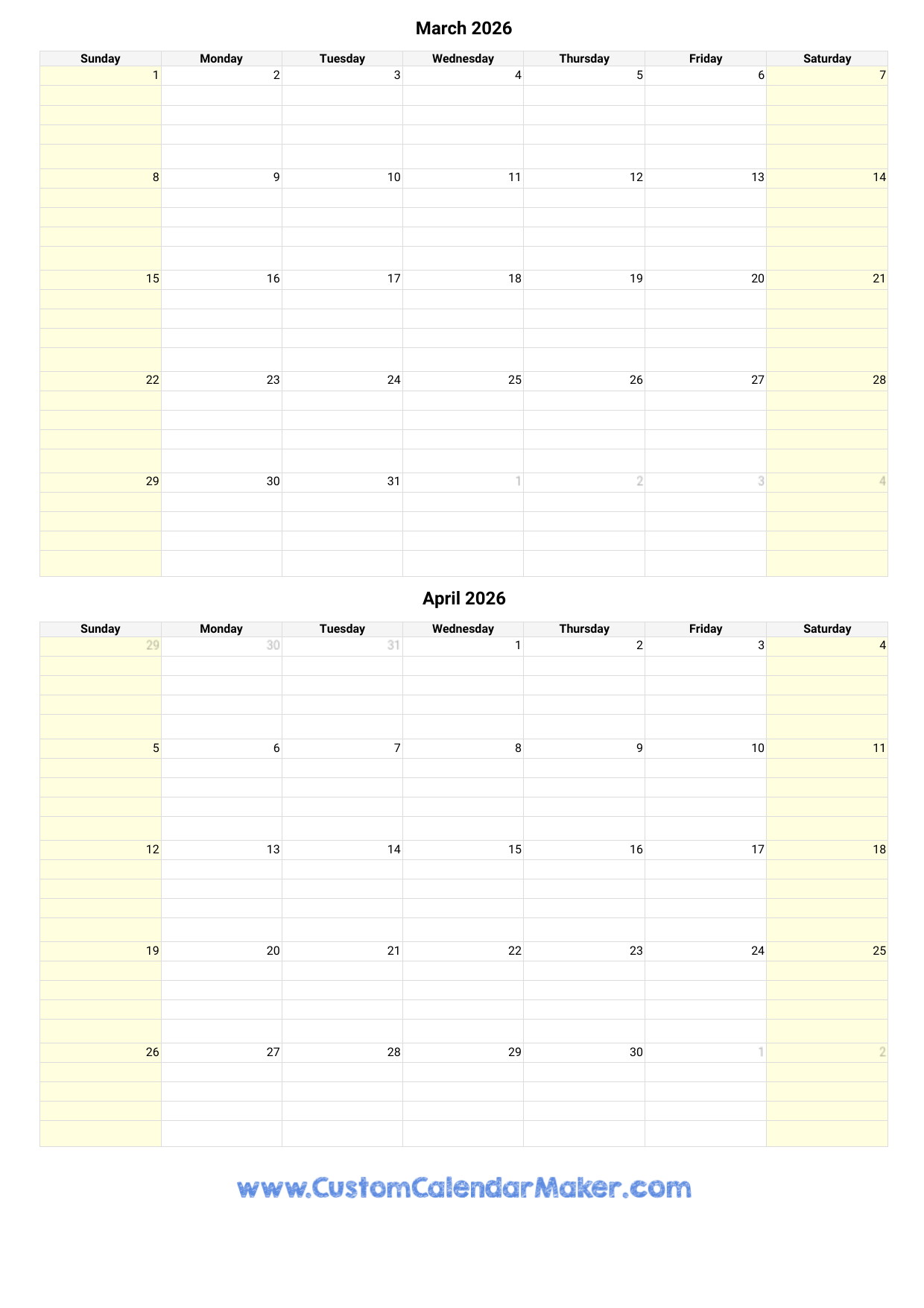March And April 2026 Calendar Printable