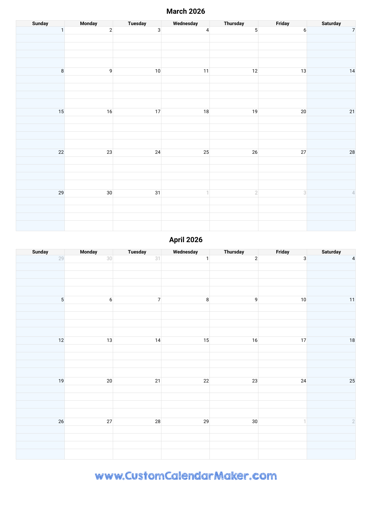 March April May June 2026 Calendar