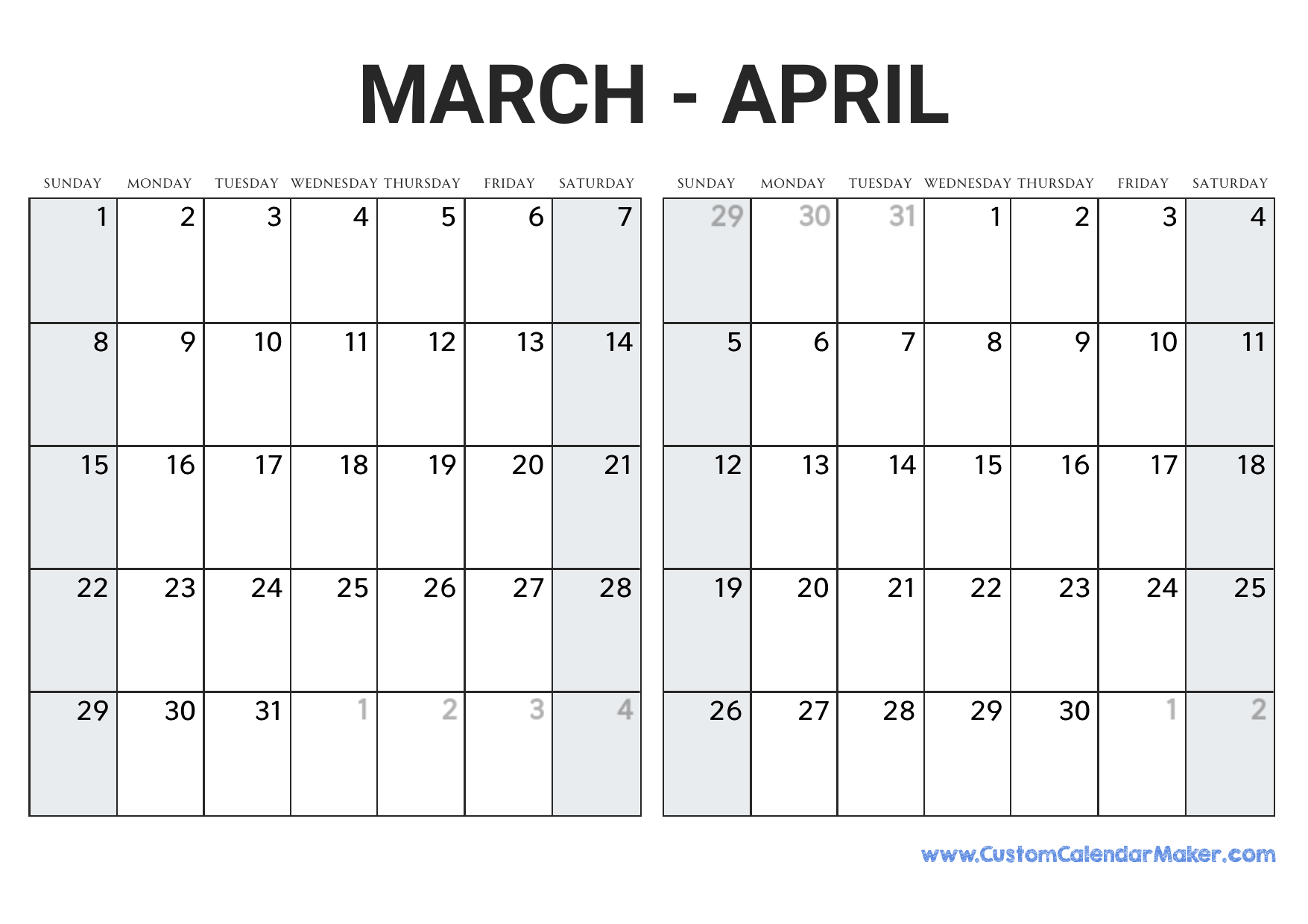 March April 2026 Calendar Printable