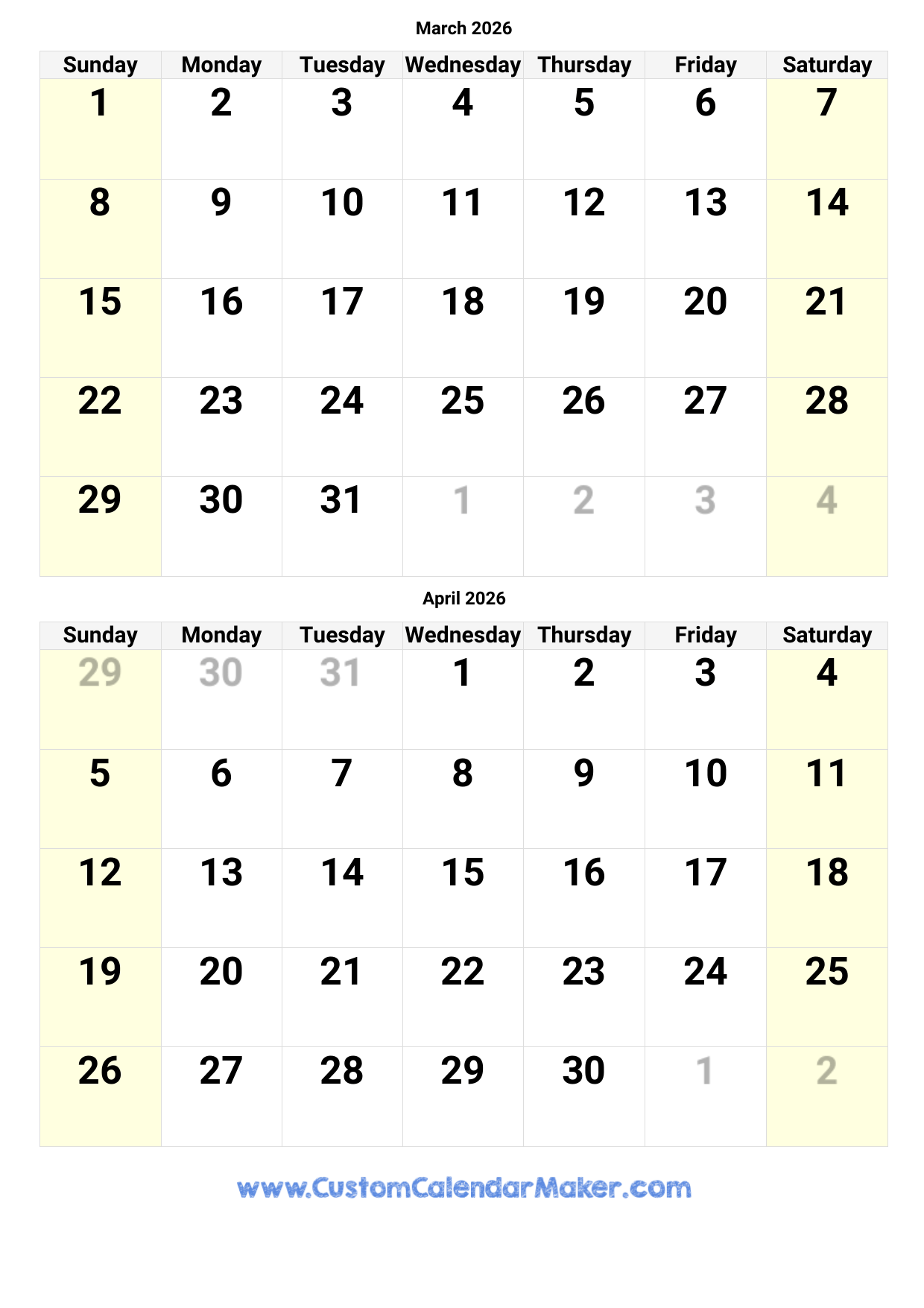 February March April 2026 Calendar