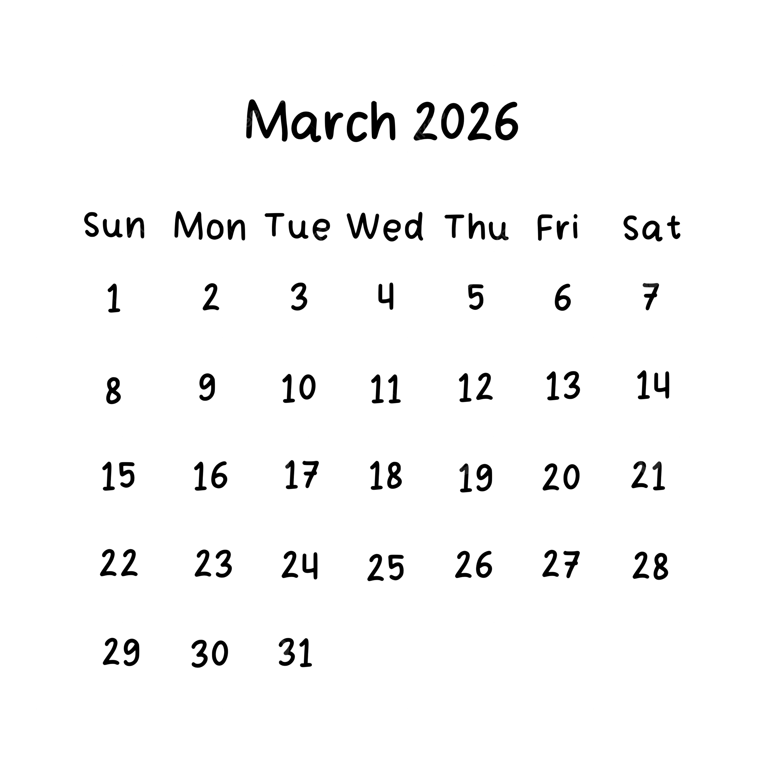 March Monthly Calendar 2026 In Black Color March 2026 Calendar PNG Transparent Clipart Image And PSD File For Free Download
