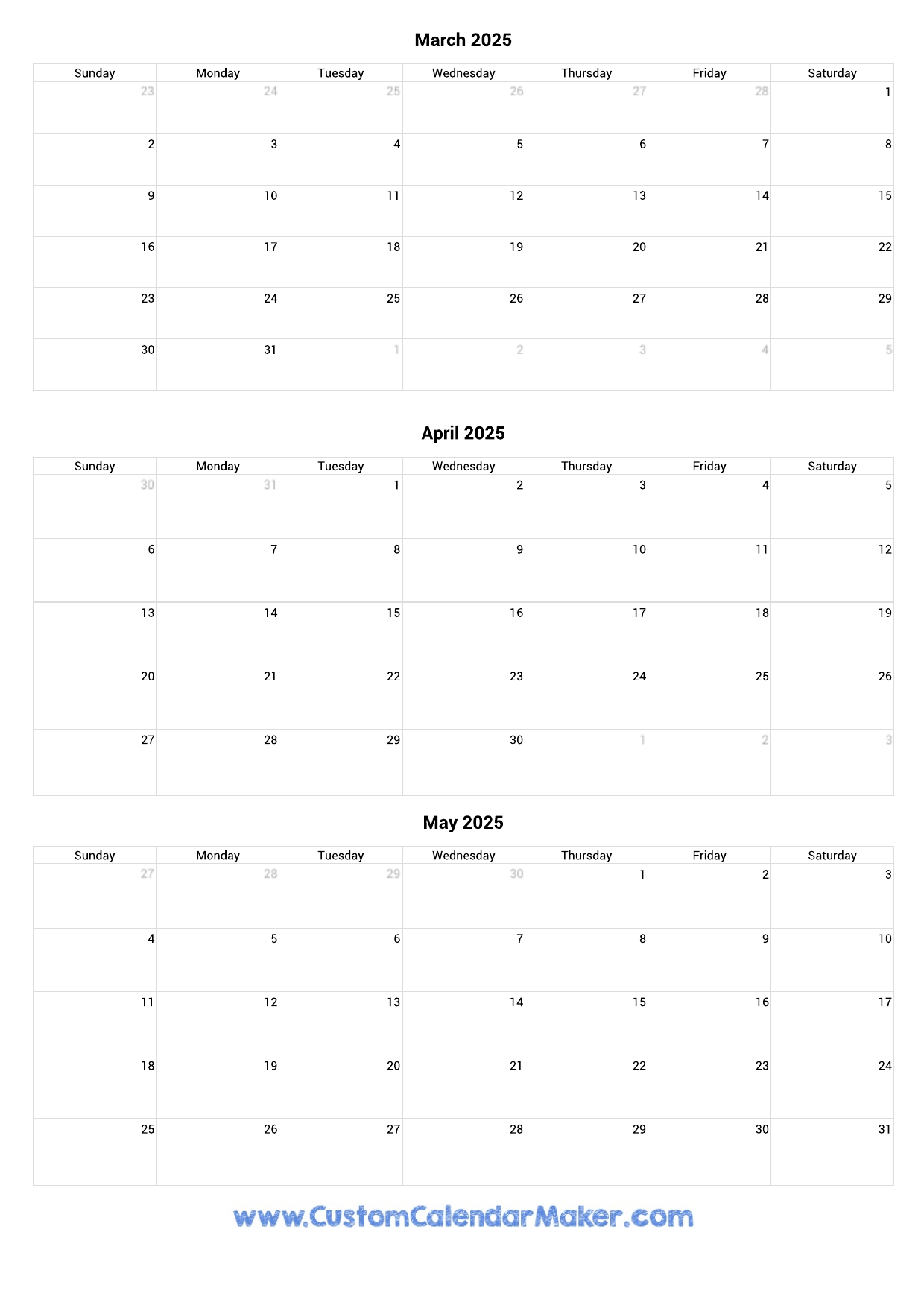 March To May 2025 Calendar Printable Custom Calendar Maker