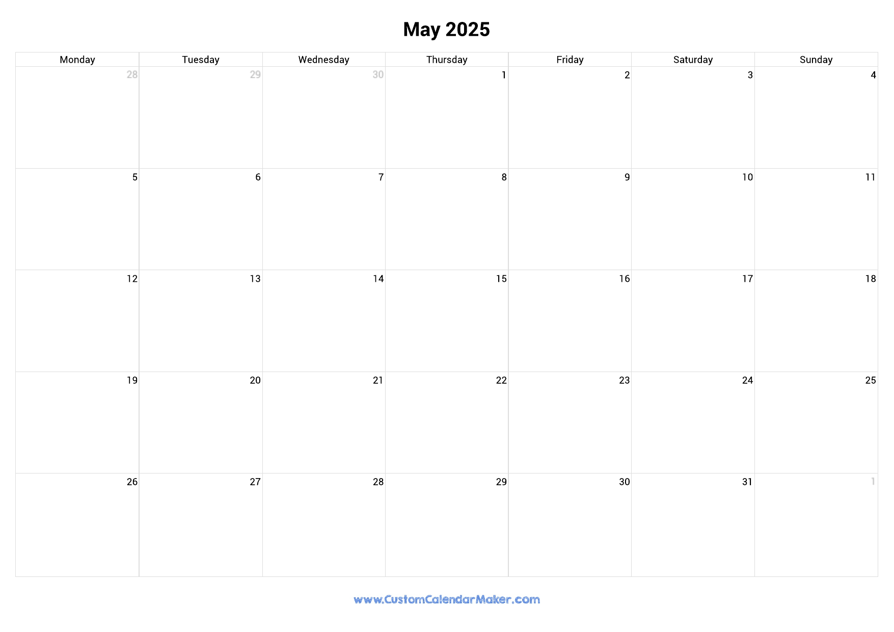 May 2025 Monday Start Calendar Monday To Sunday Custom 