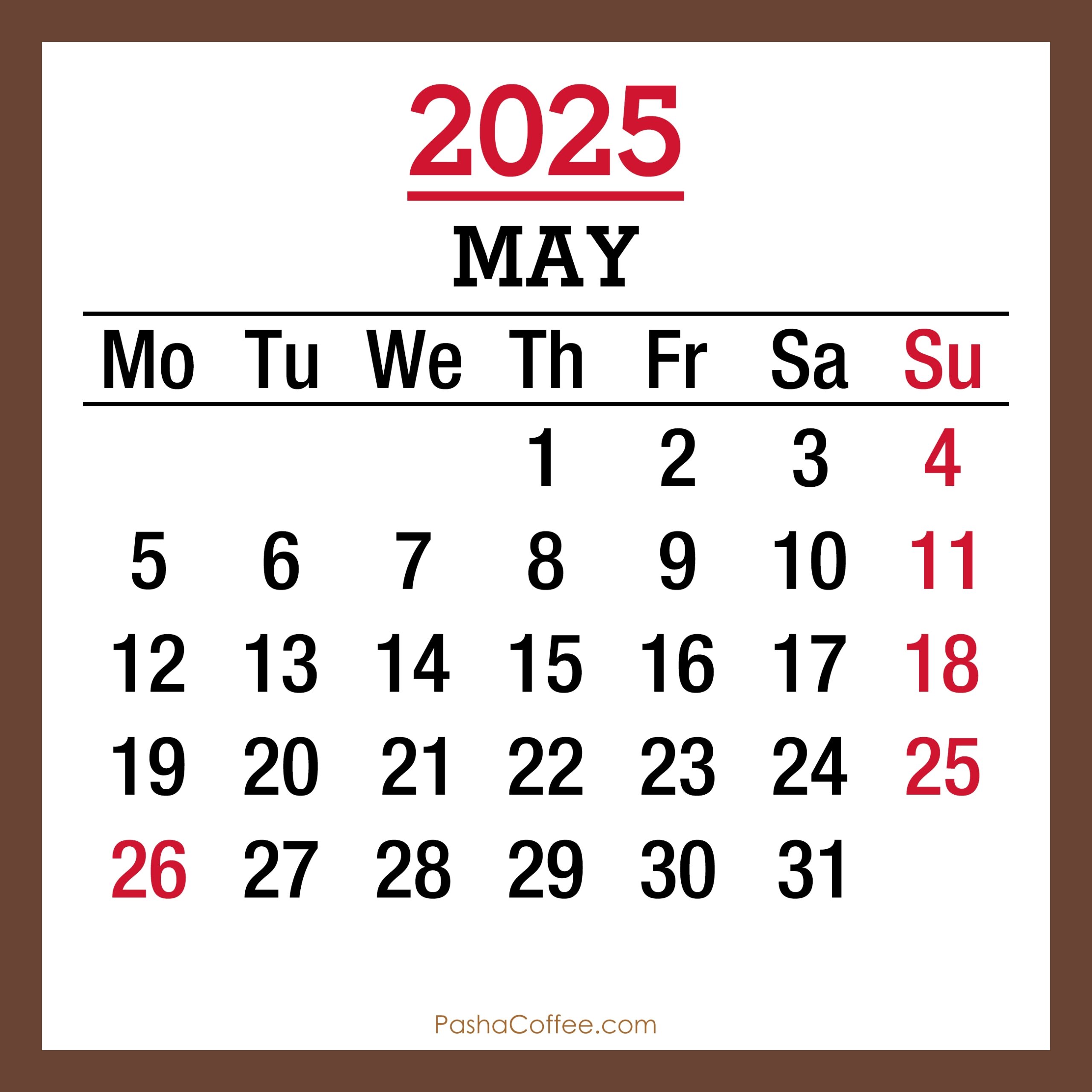 May 2025 Monthly Calendar With Holidays Printable Free Brown 