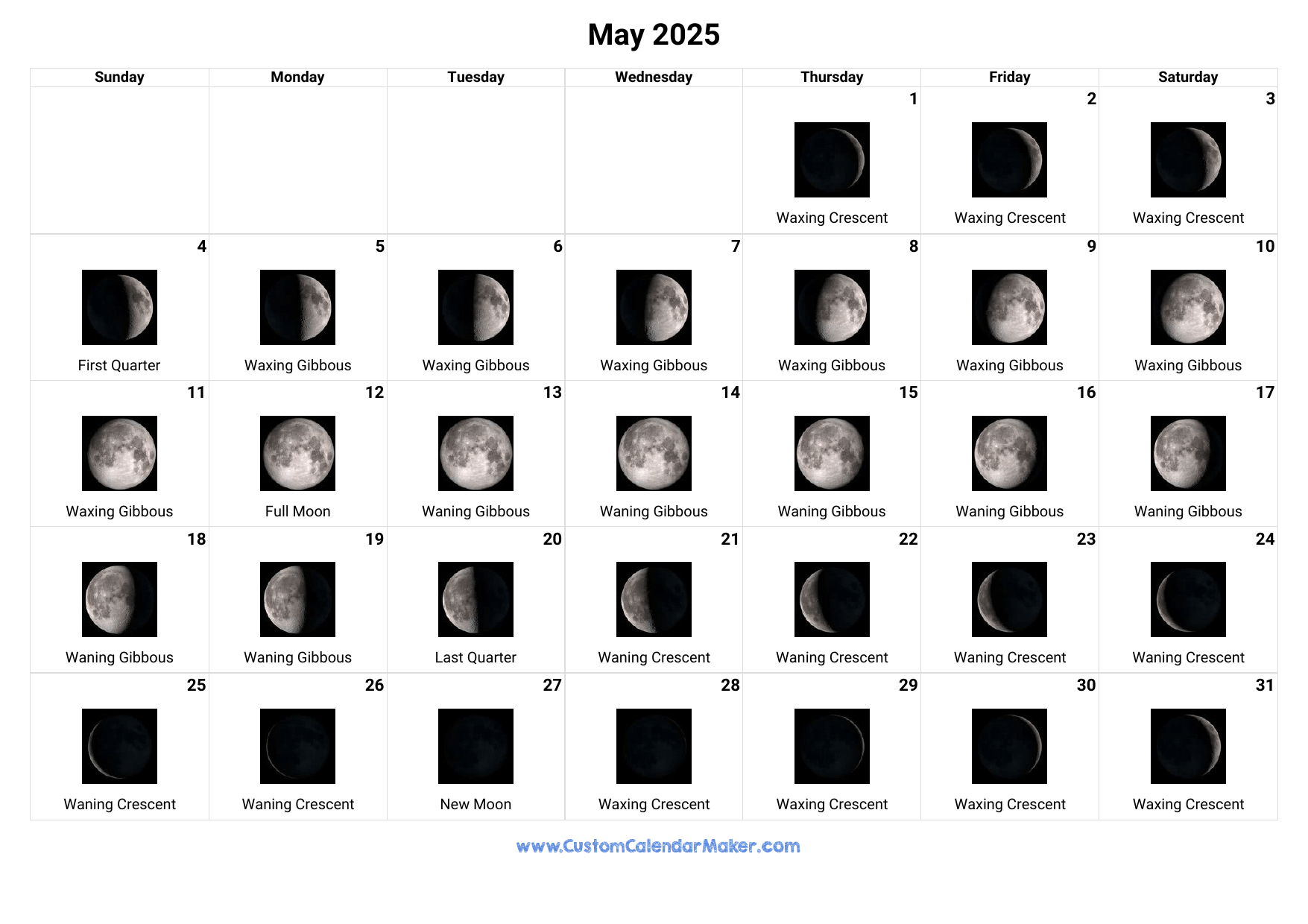 May 2025 Moon Phases Calendar Custom Calendar Maker