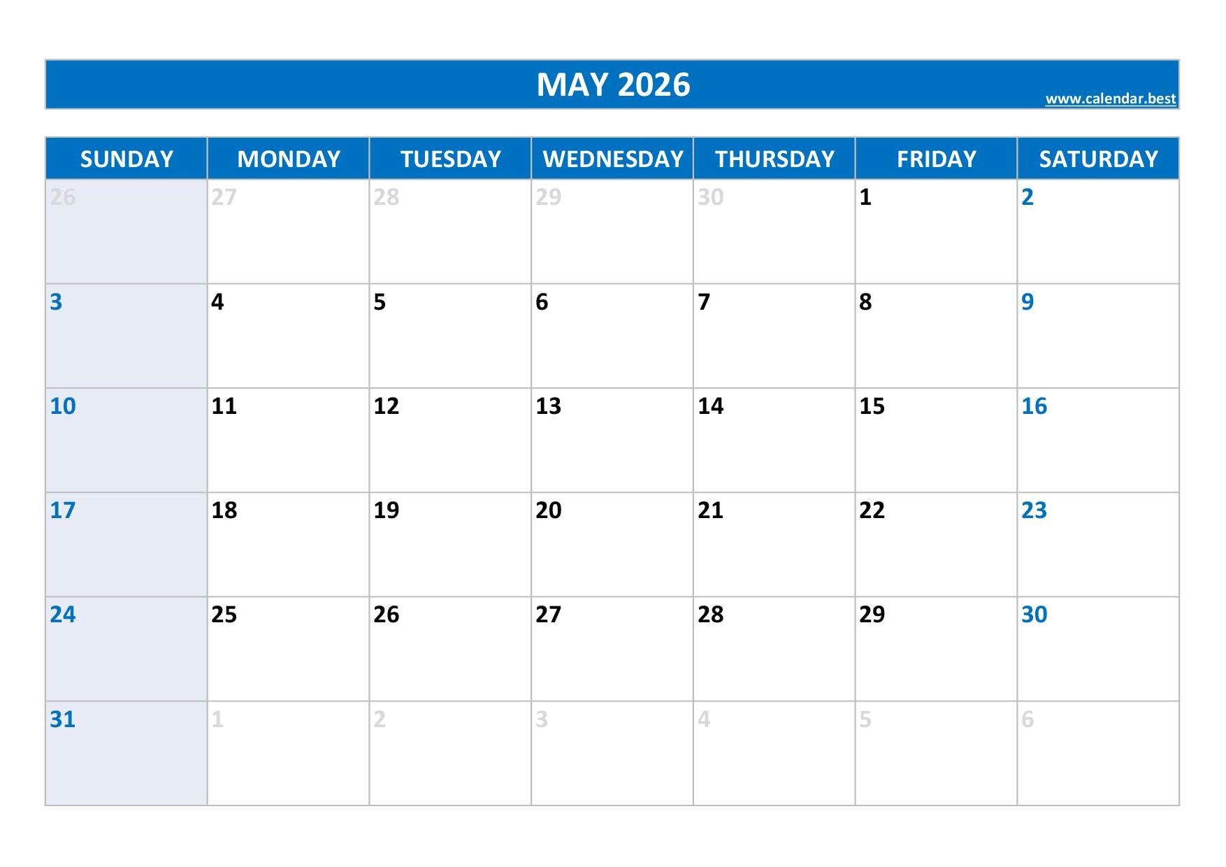 Calendar For 2026 May