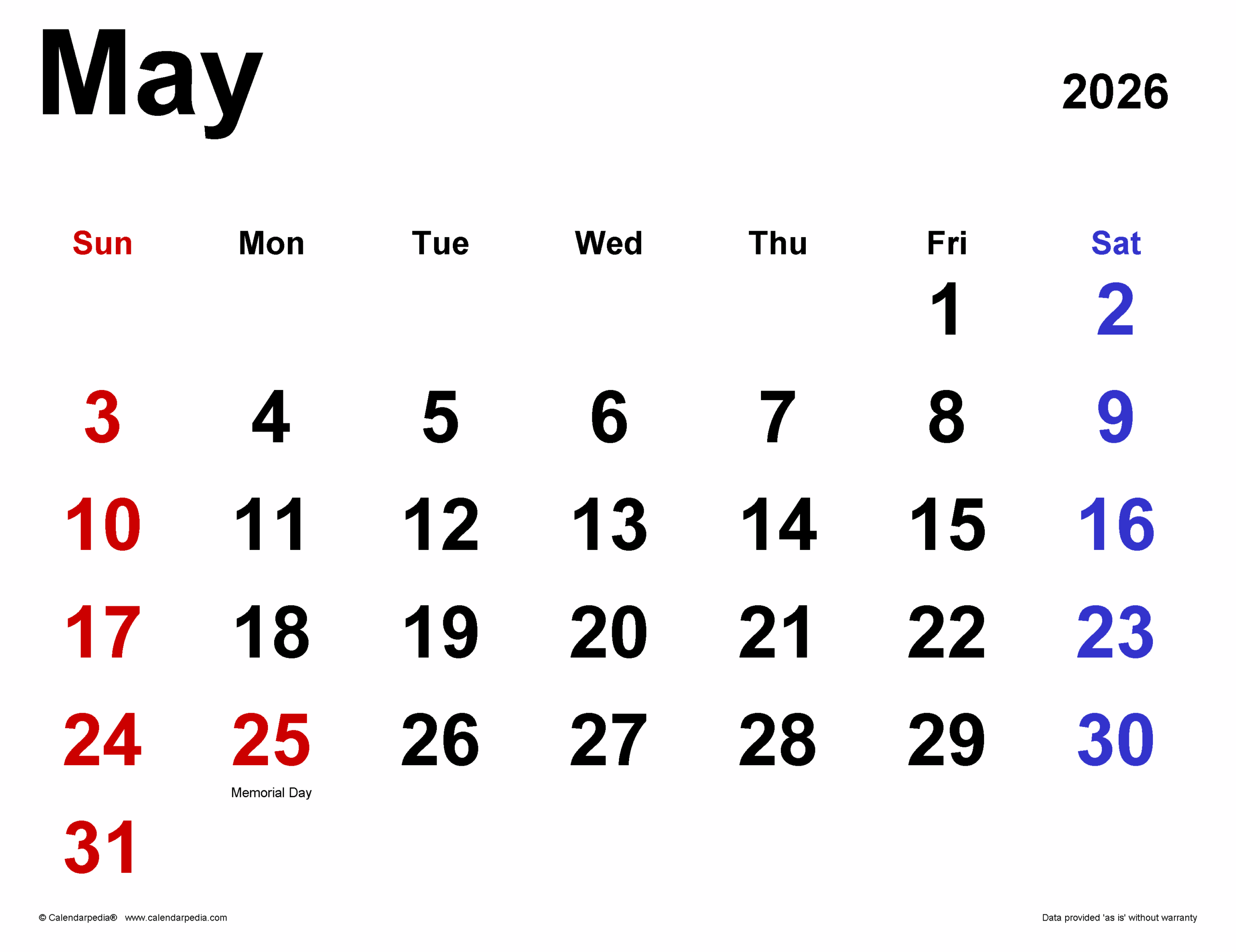May 2026 Printable Calendar With Holidays