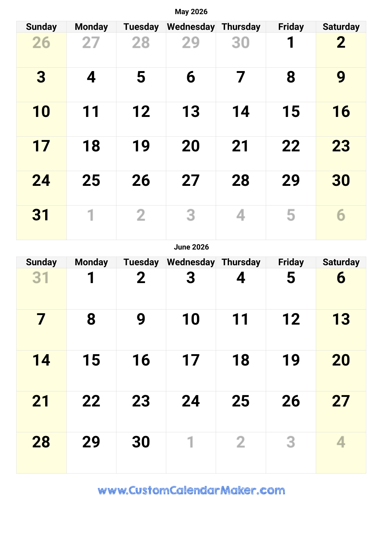 2026 May June Calendar