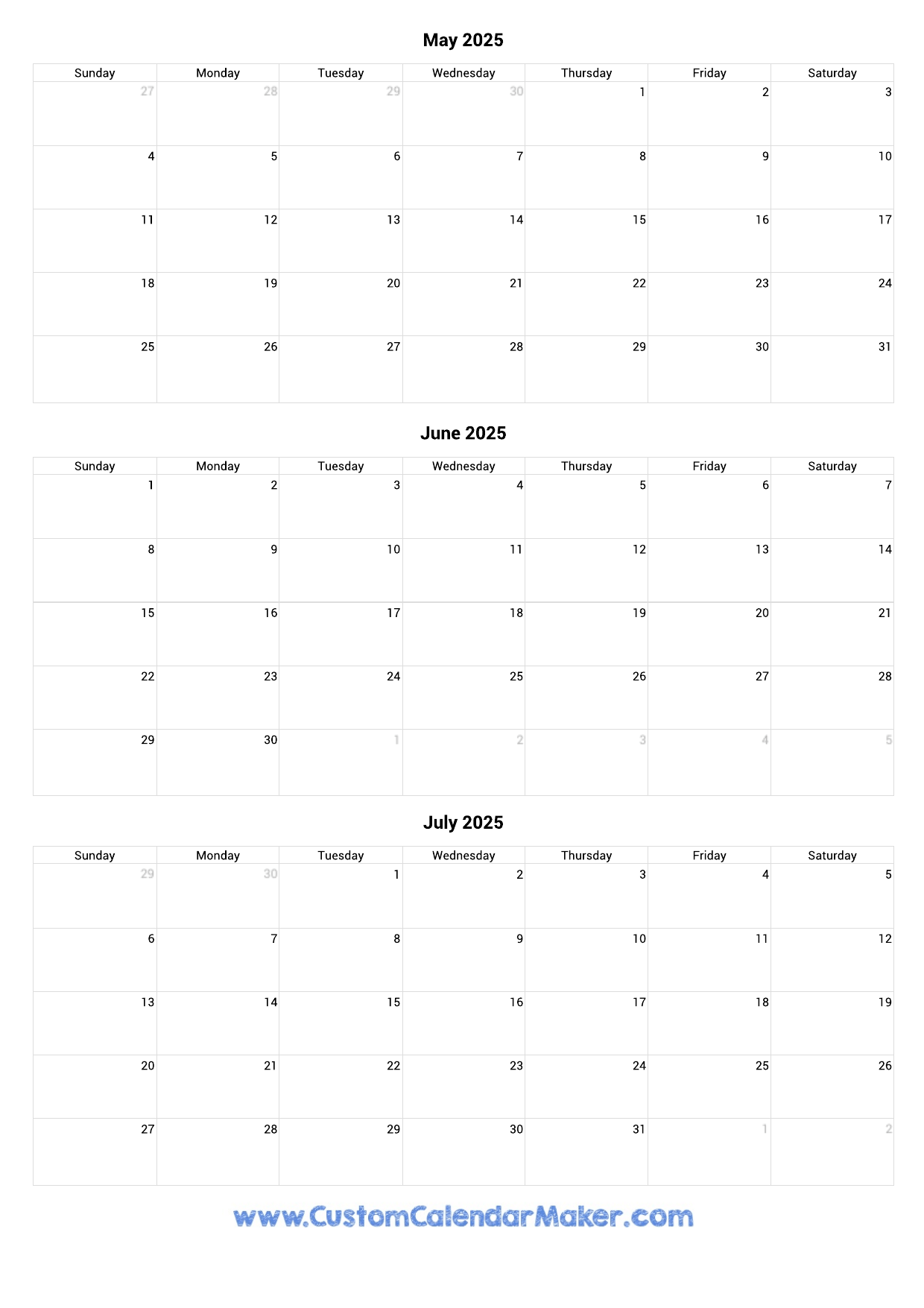 May June July 2025 Calendar