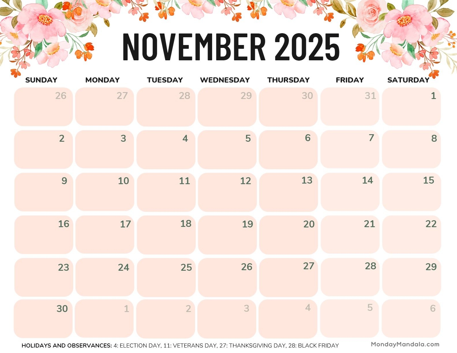 Monthly Calendar November 2025