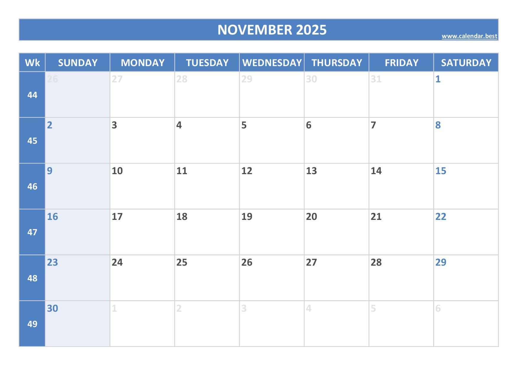 November Monthly Calendar 2025