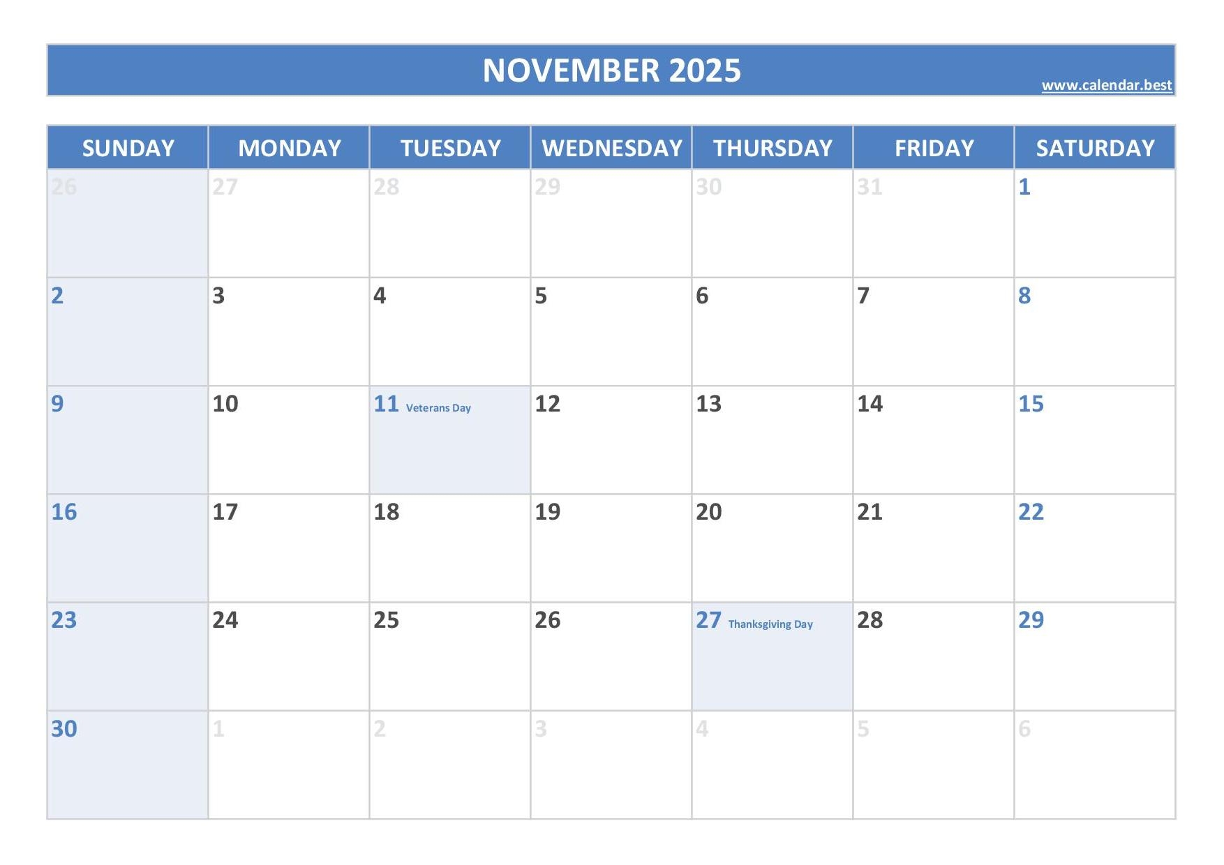Calendar Page For November 2025