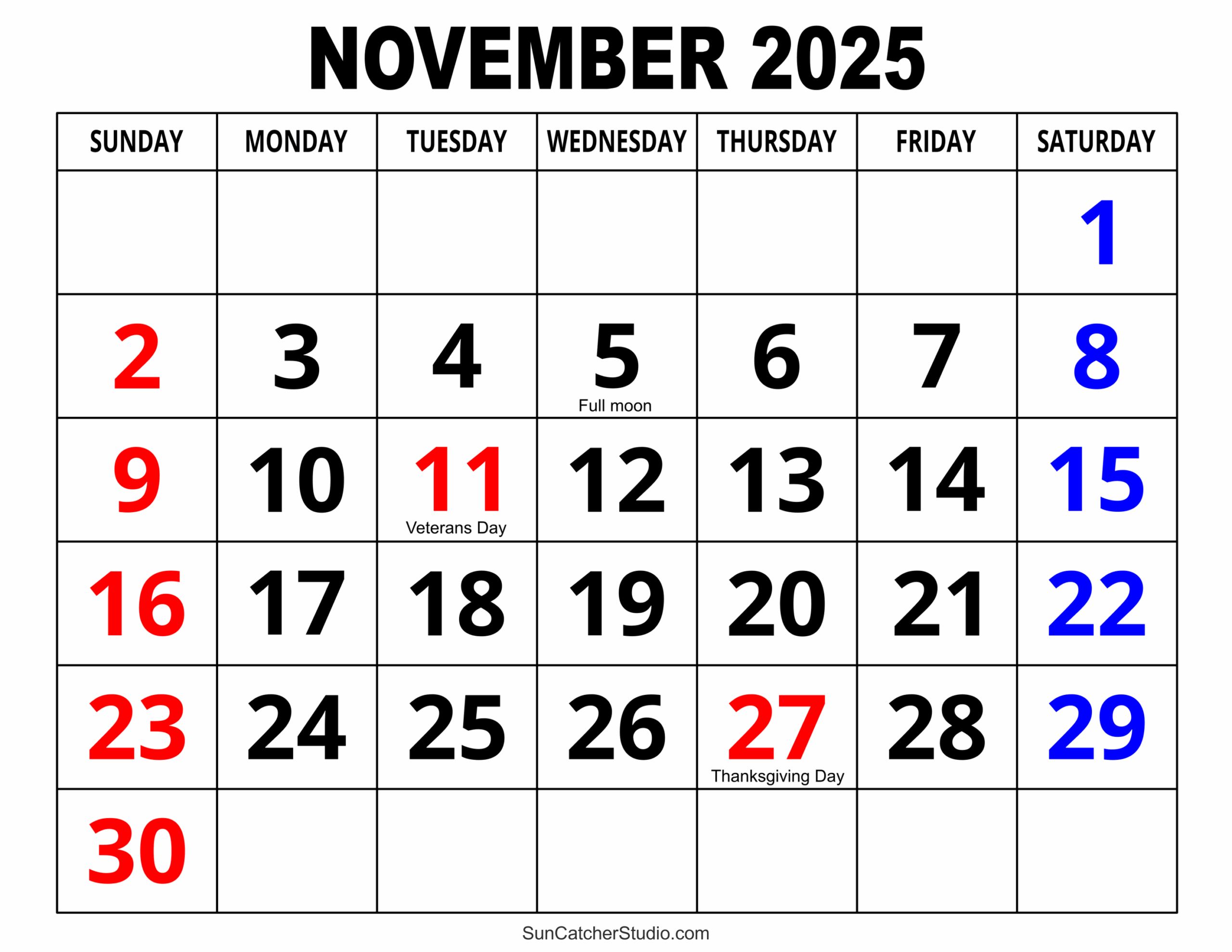 November 2025 Calendar With Holidays Printable