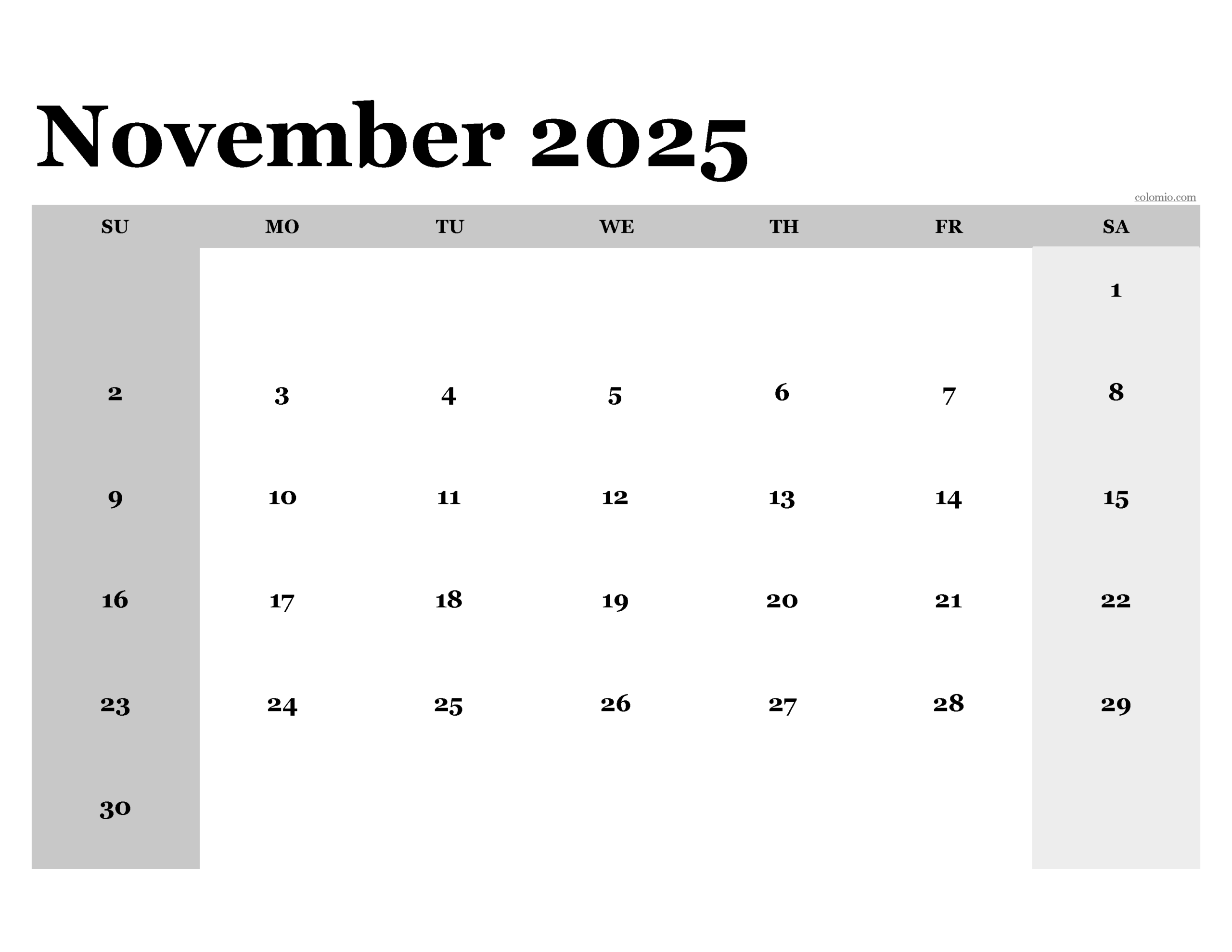 Editable Calendar November 2025