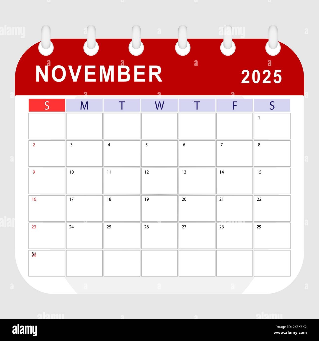 November 2025 Calendar Monthly Planner Template Sunday Start 