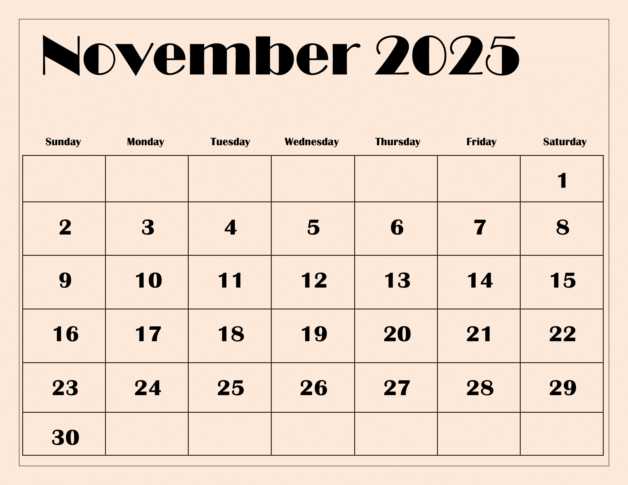 November Month Calendar 2025