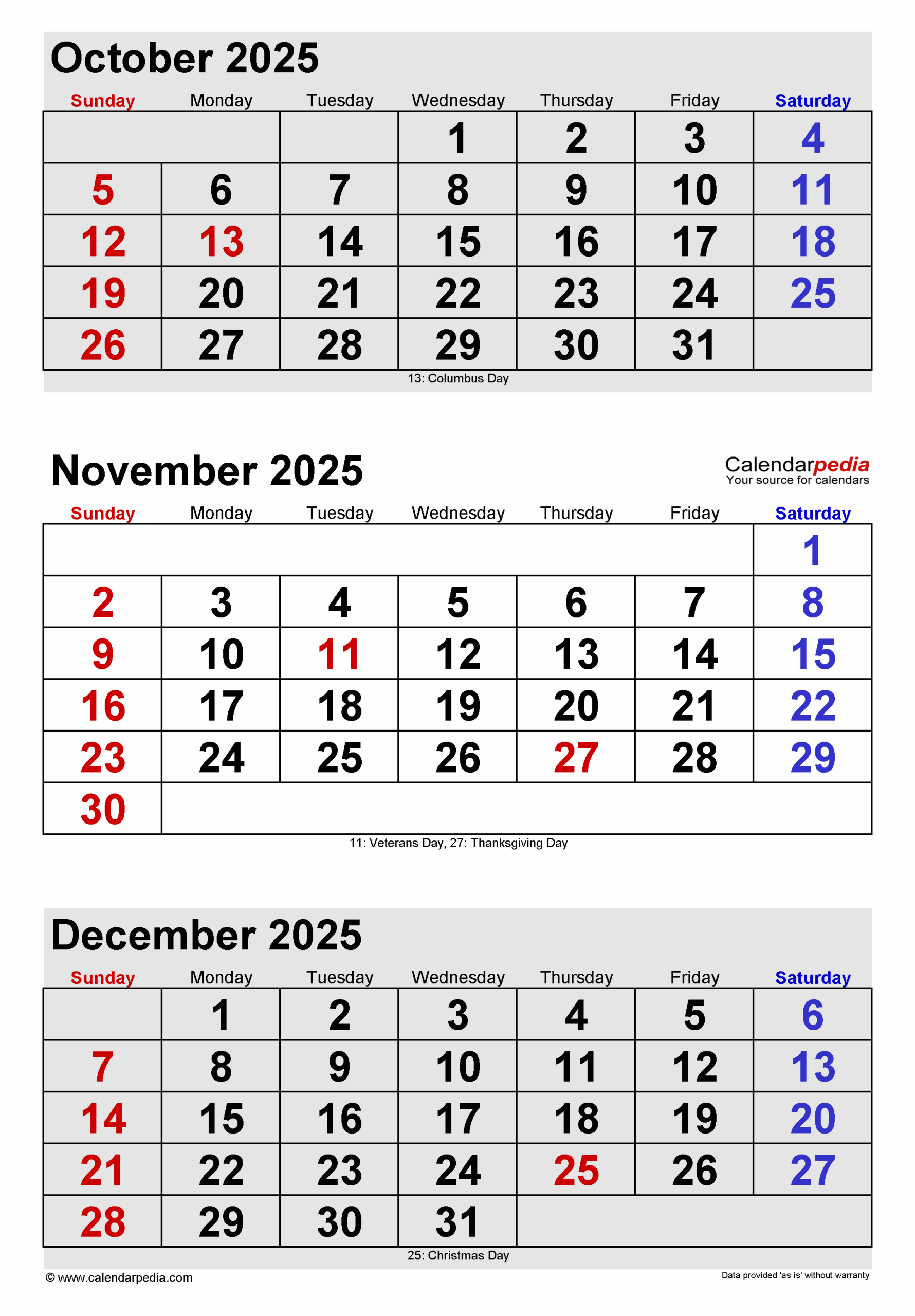 3 Month Calendar October November December 2025