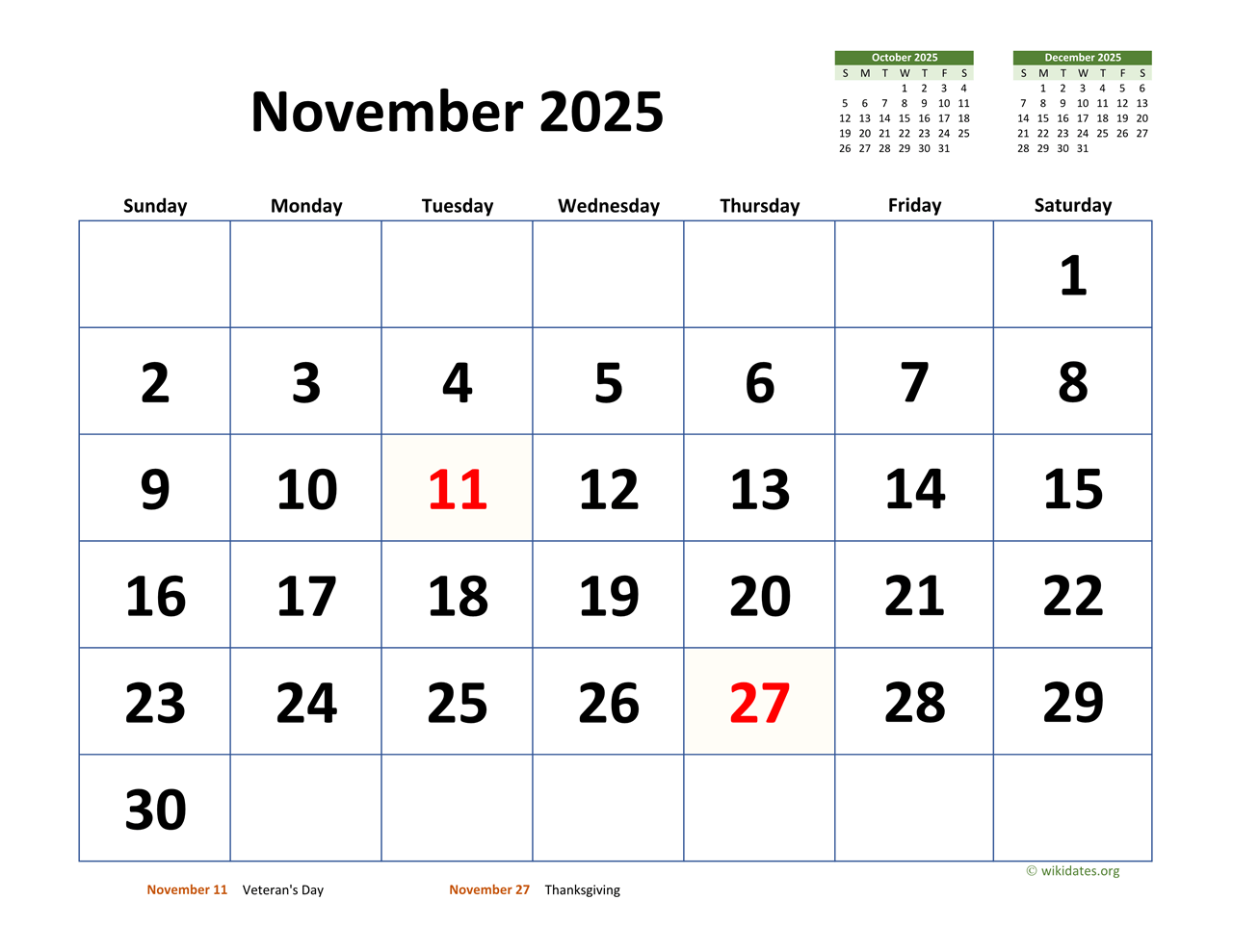 November Calendar 2025