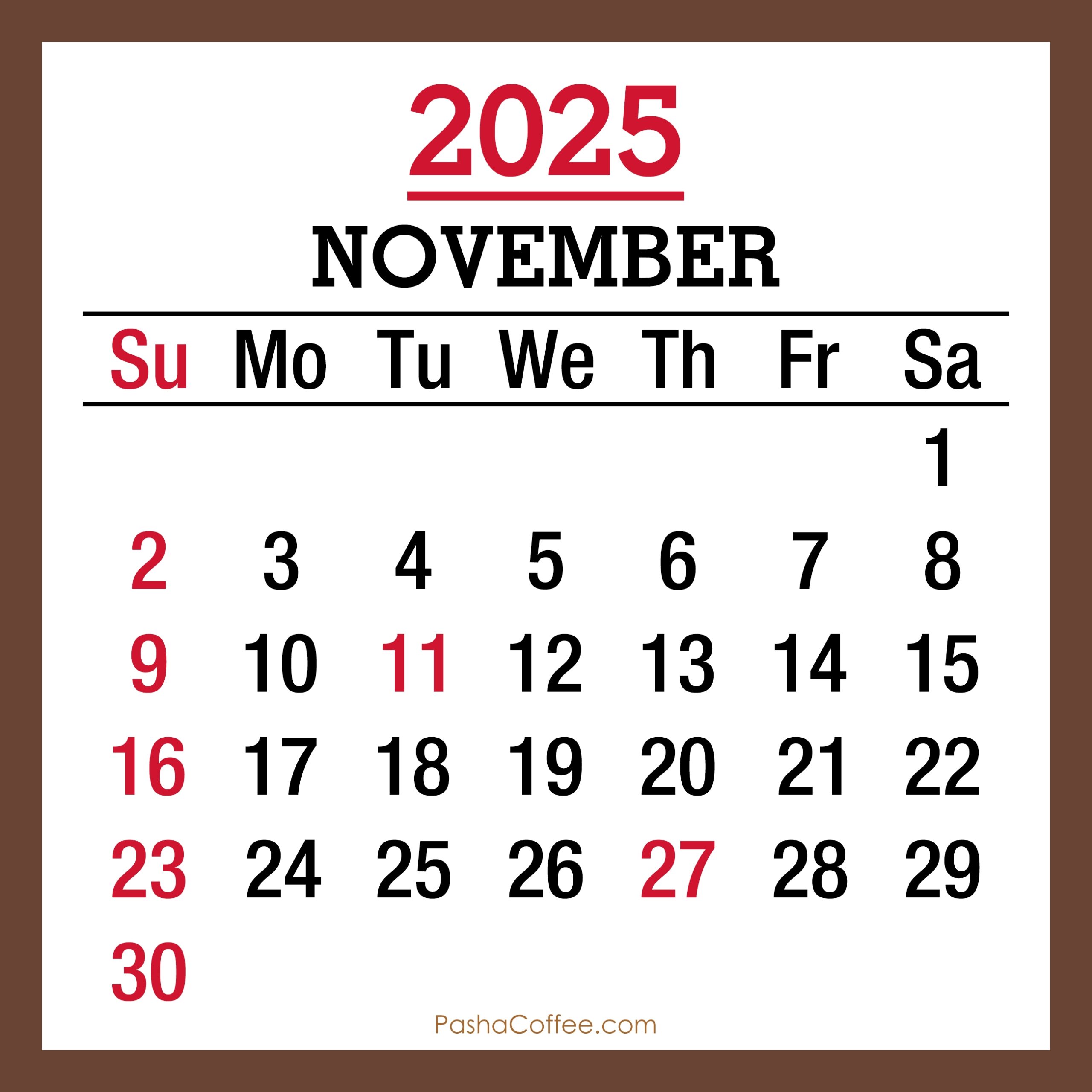 Calendar Of November 2025 With Holidays