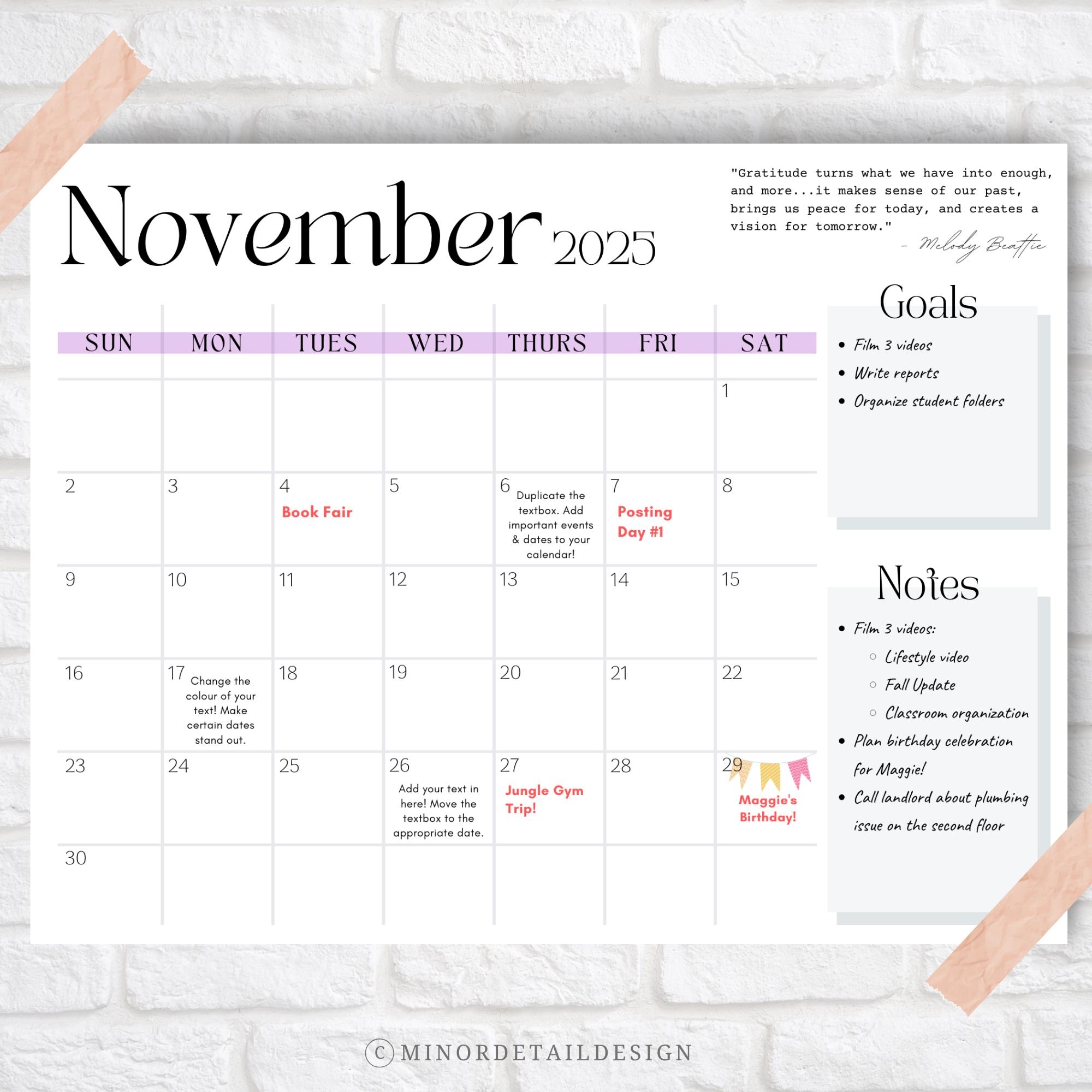 November Calendar 2025 November 2025 Printable Calendar November Calendar Printable Calendar With Notes Section Cute Calendar Printable Etsy