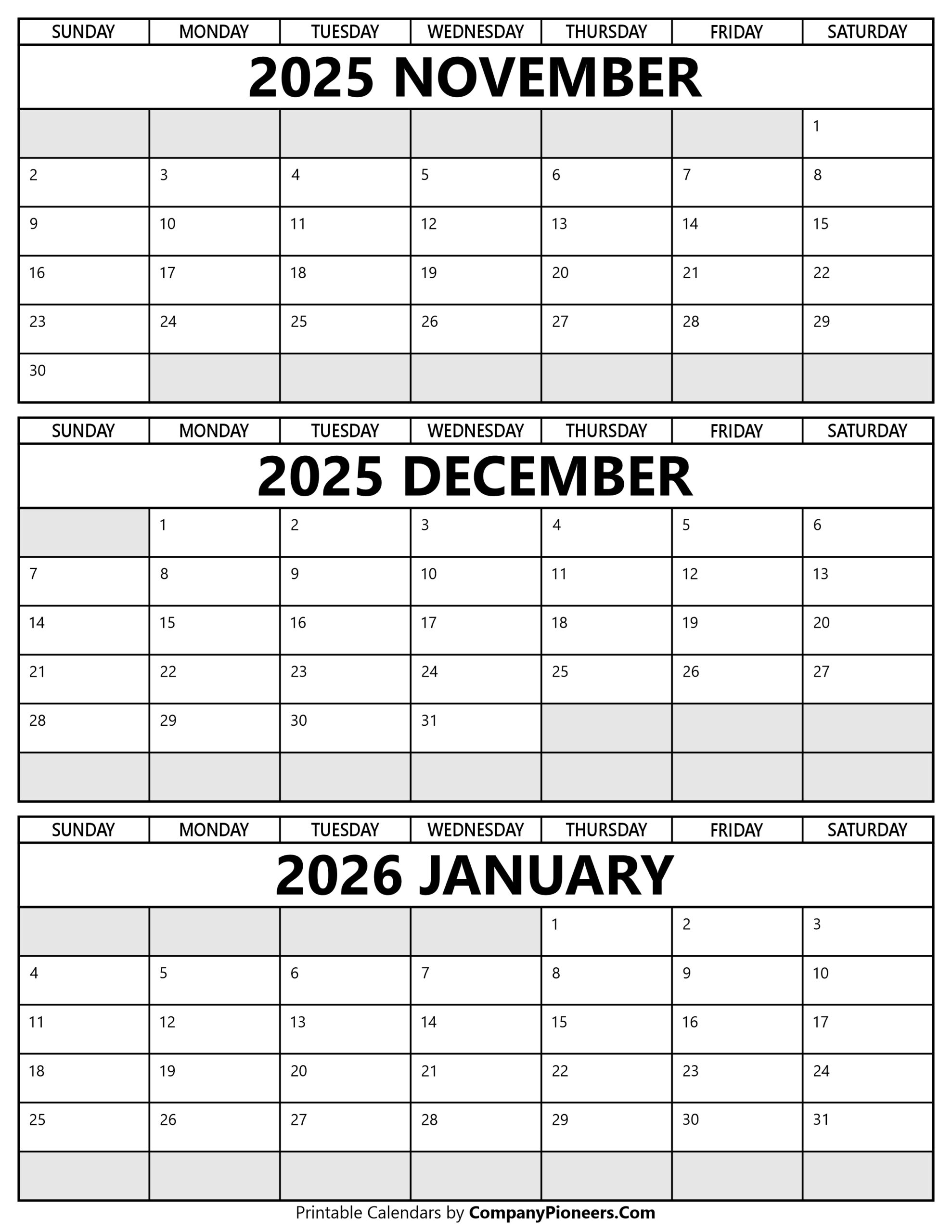 November December January 2026 Calendar