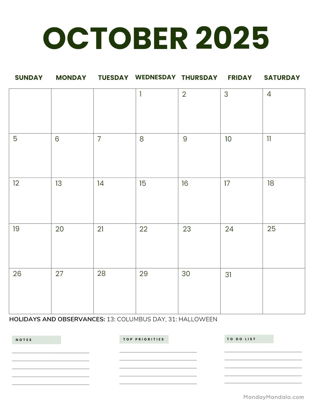 Blank Calendar 2025 October