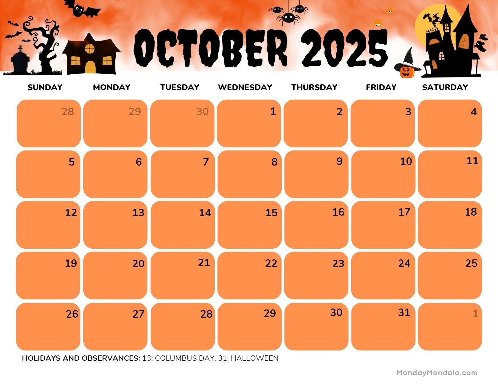 October Calendar 2025 Printable