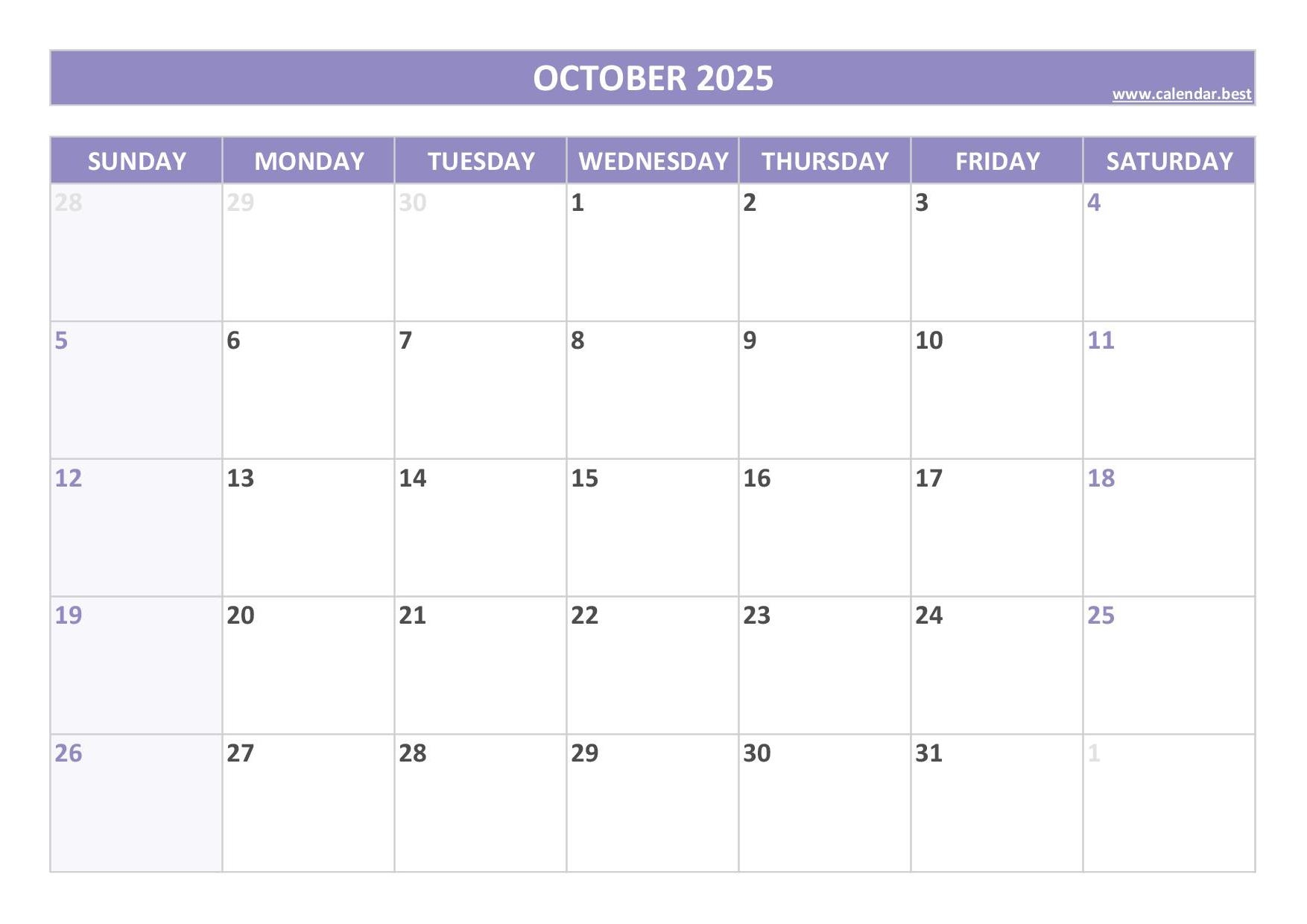 October 2025 Calendar Free Printable