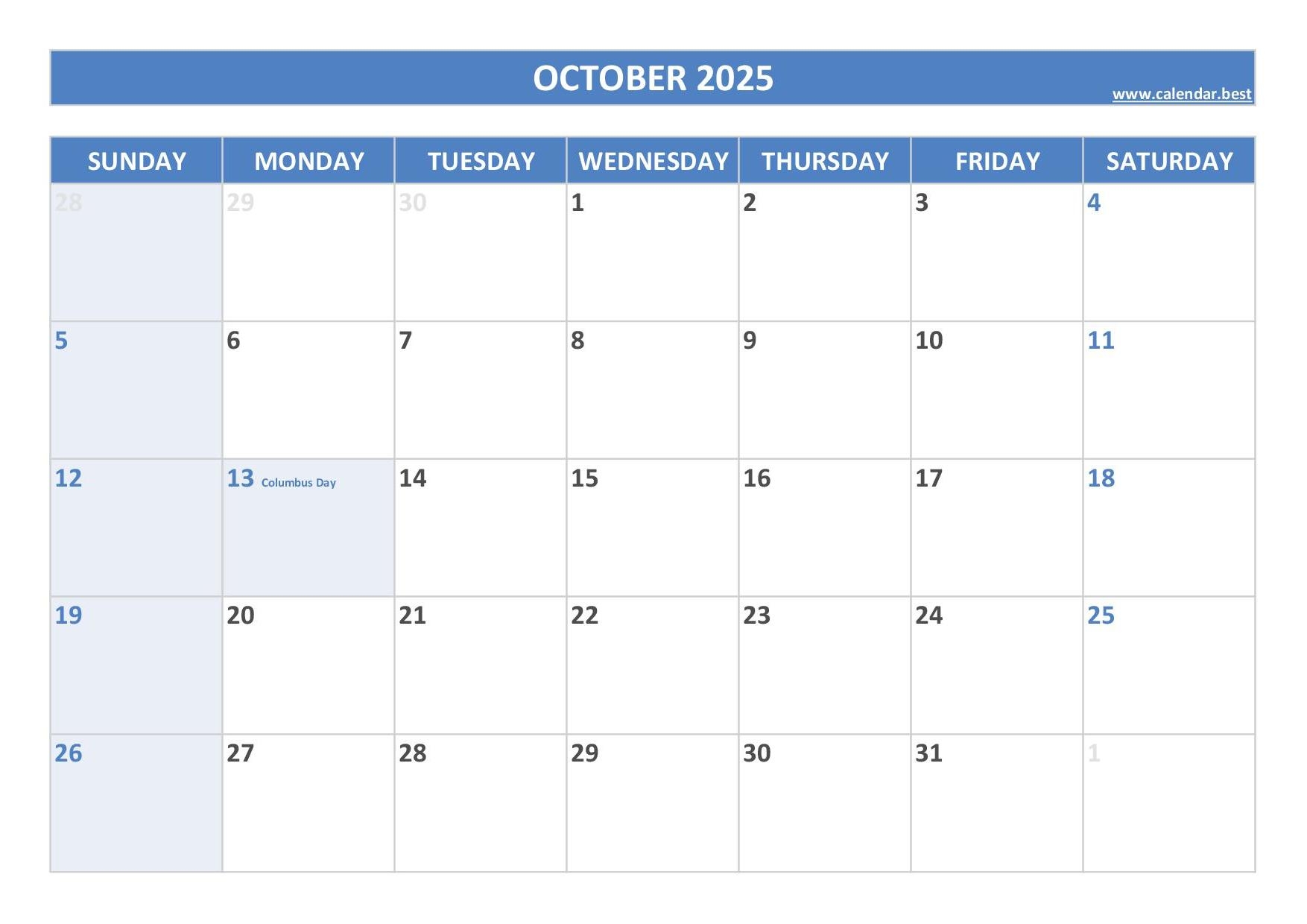 October Holiday Calendar 2025