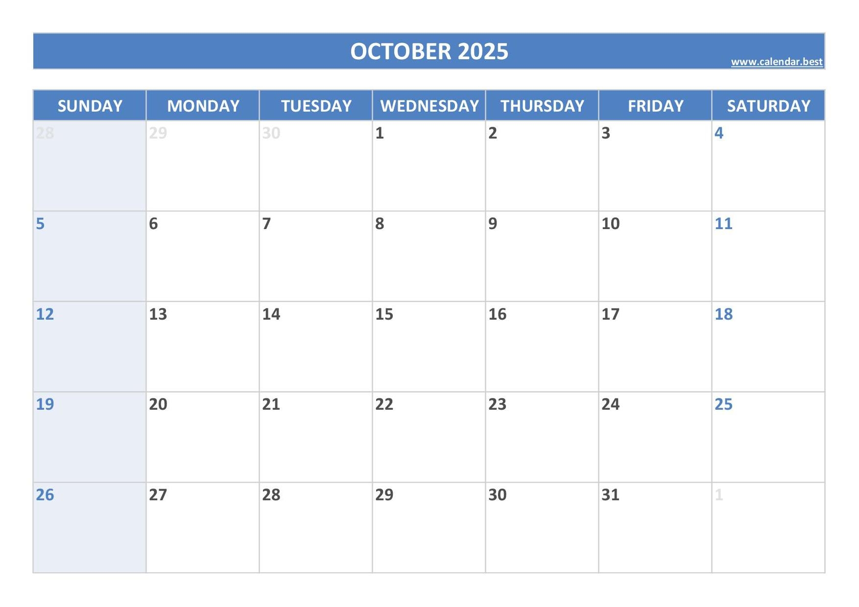 October 2025 Calendar Template
