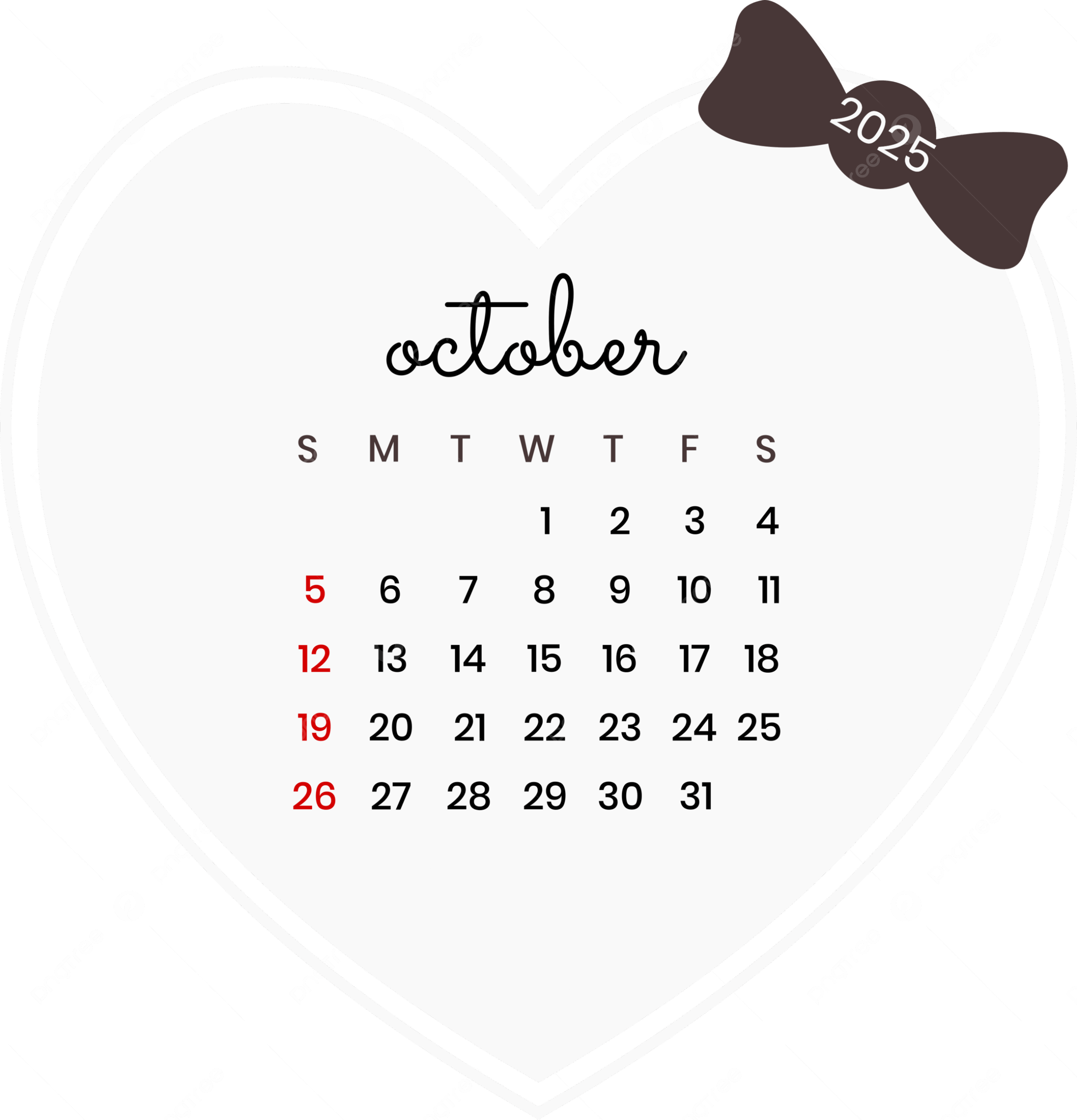 October 2025 Calendar Love Design Vector October 2025 Calendar 