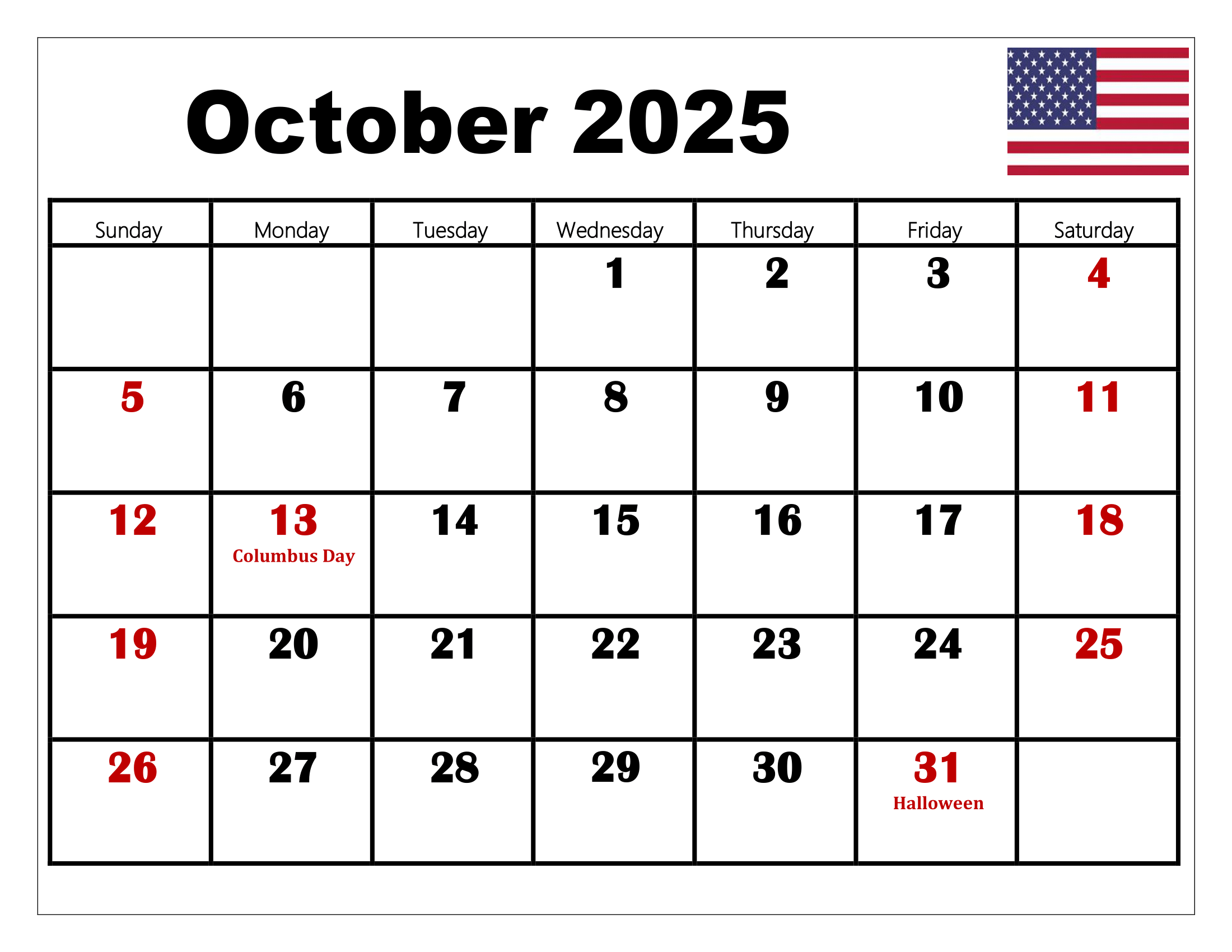 Show October 2025 Calendar