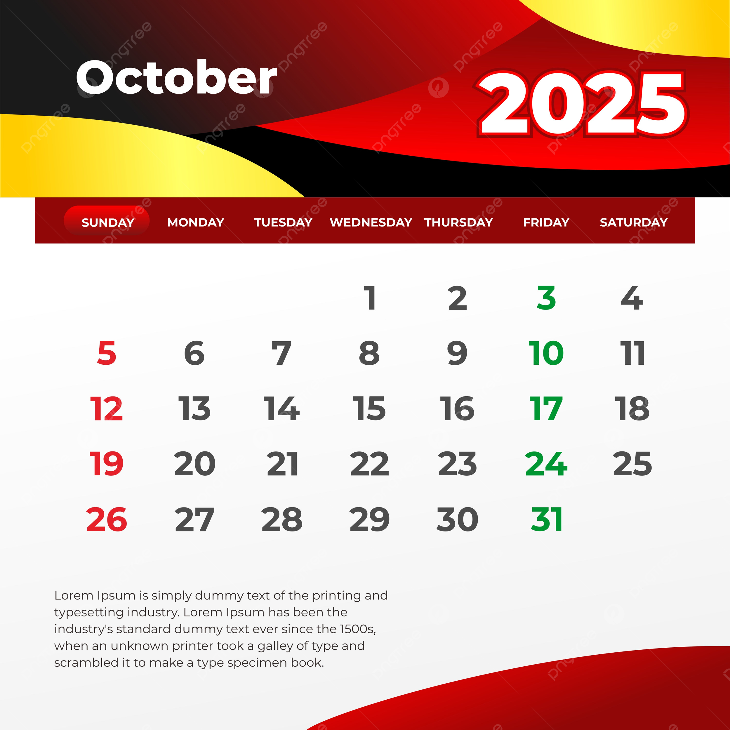 October 2025 Calendar Ready To Print Vector Template Download On Pngtree