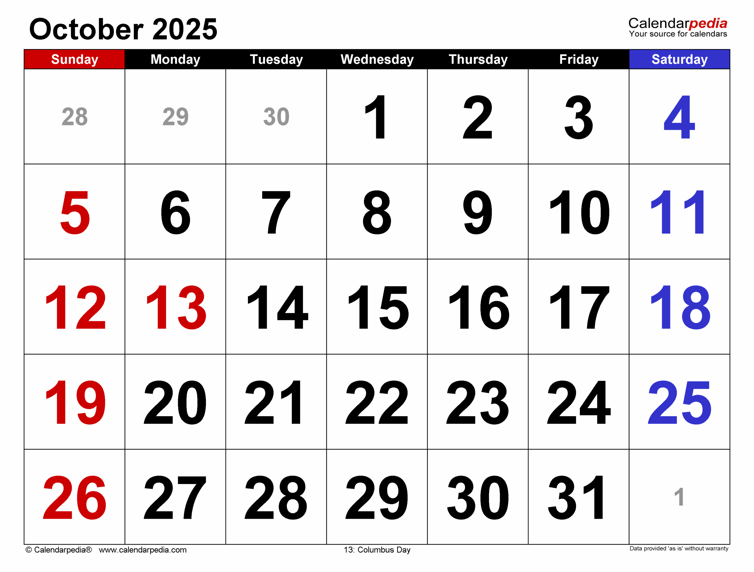 Editable Calendar October 2025